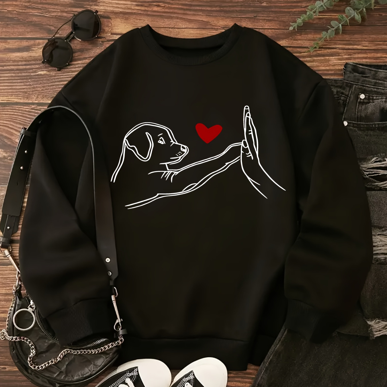 

Women's Casual Pullover Sweatshirt With Cartoon Puppy Print, Polyester, Round Neck, Stretch Fabric, , Adult Fit, Knit (hook & Blend)