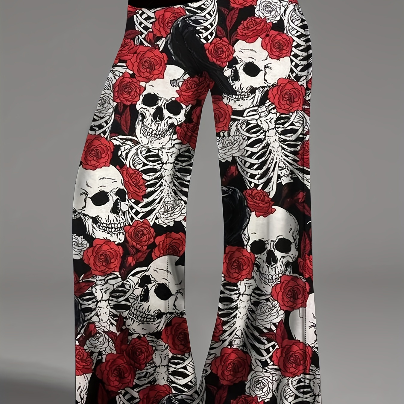 

Floral & Skull Print Wide Leg Pants, Casual Elastic Waist Pants, Women's Clothing
