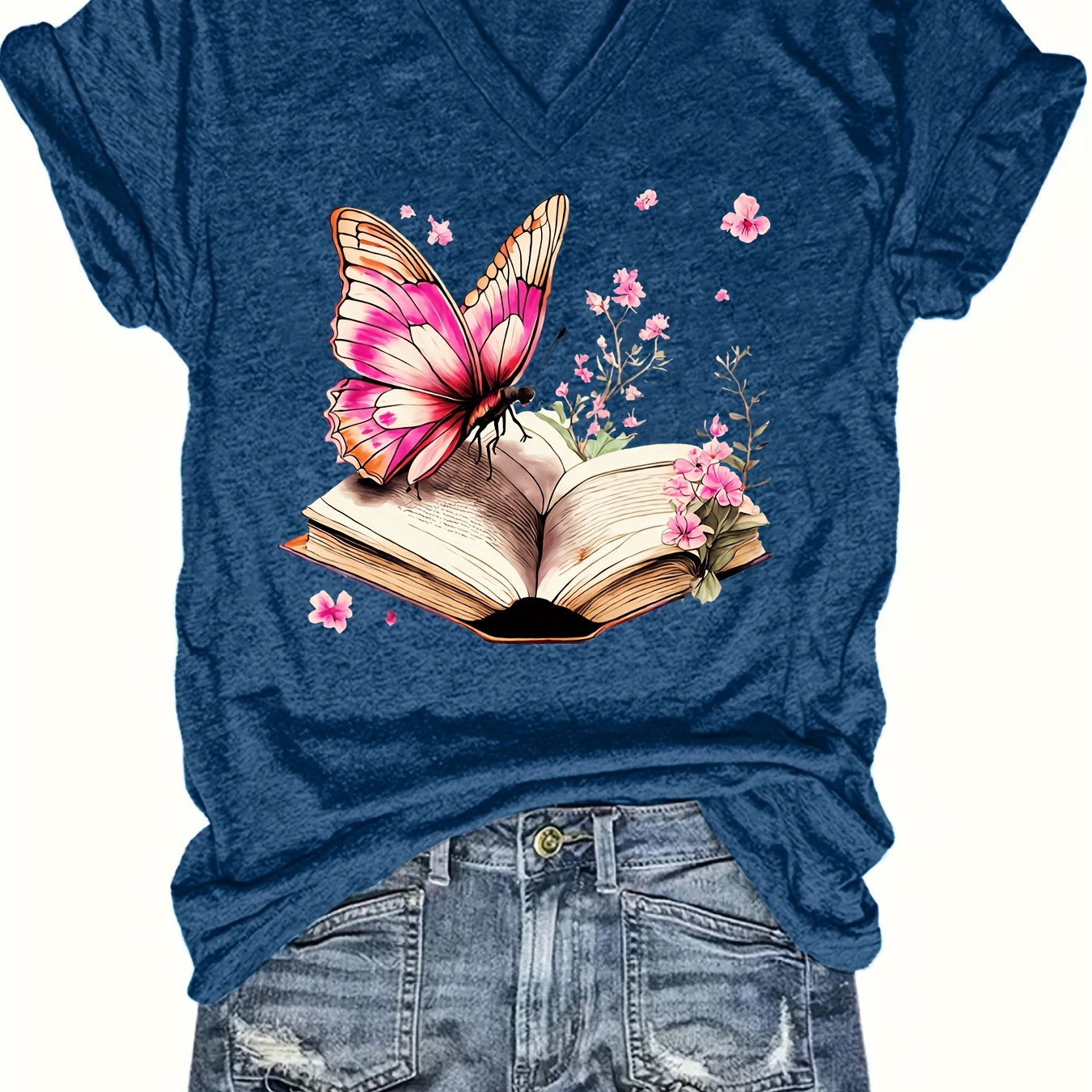 

Butterfly & Book Print T-shirt, Casual V Neck Short Sleeve Top For Spring & Summer, Women's Clothing