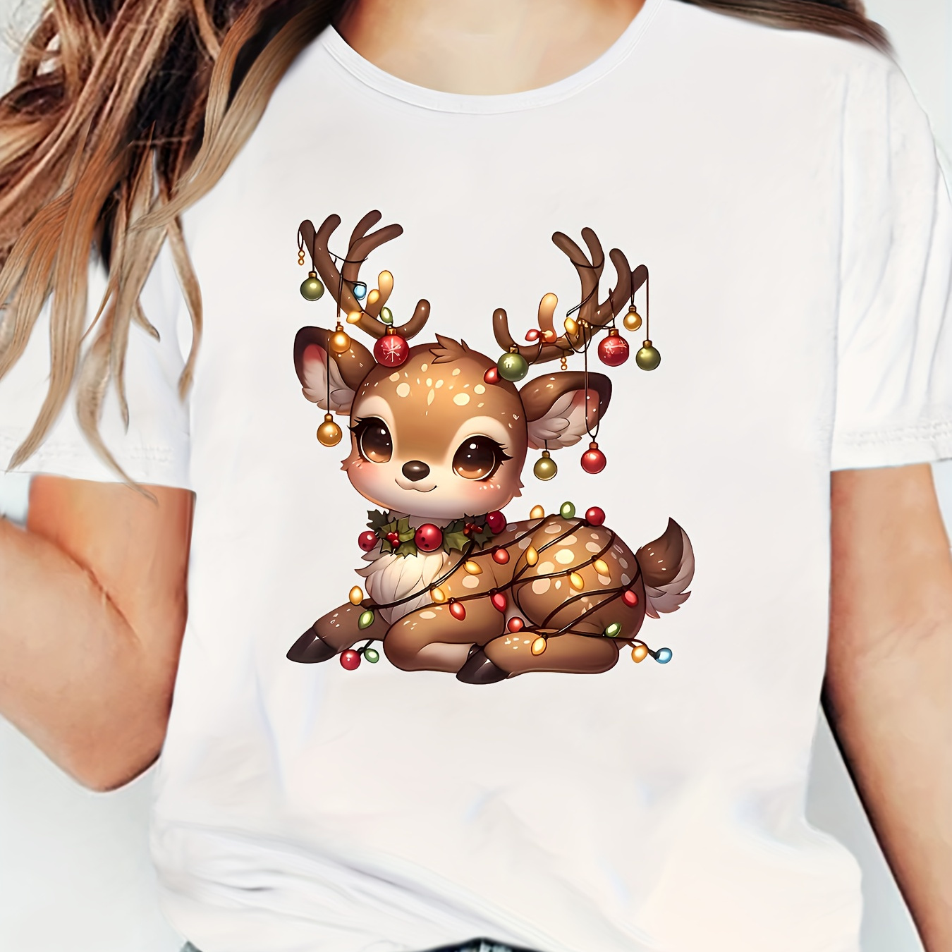 

Christmas Reindeer Graphic T-shirt For Adults, Crew Neck With Medium Stretch, 100% Polyester Knit Fabric, Cartoon Pattern