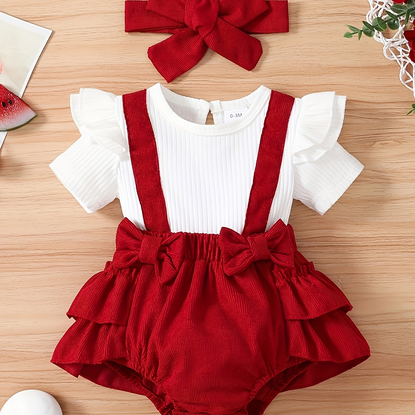 

2pcs Infant Baby Girls Pit Strip Bow Textured Short Sleeve Triangle Romper With Headband Set