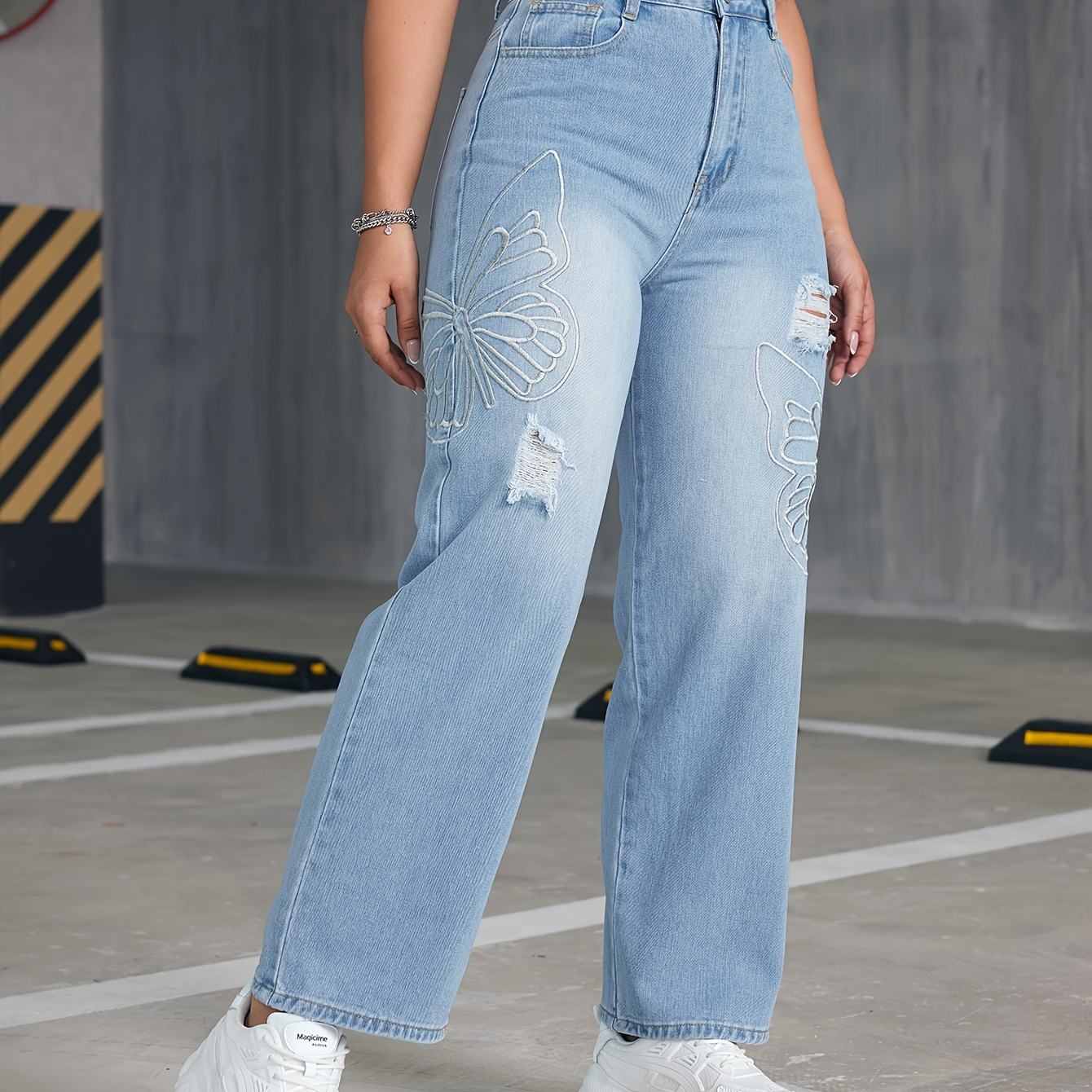 Womens Fashion Hot Drilling Embroidery Butterflies Stretchy Washed Ripped  High Waist Cotton Flared Denim Bell Bottoms Jeans Pants Slim Clubwear Wide  Leg Trousers Blue XXL : : Clothing, Shoes & Accessories