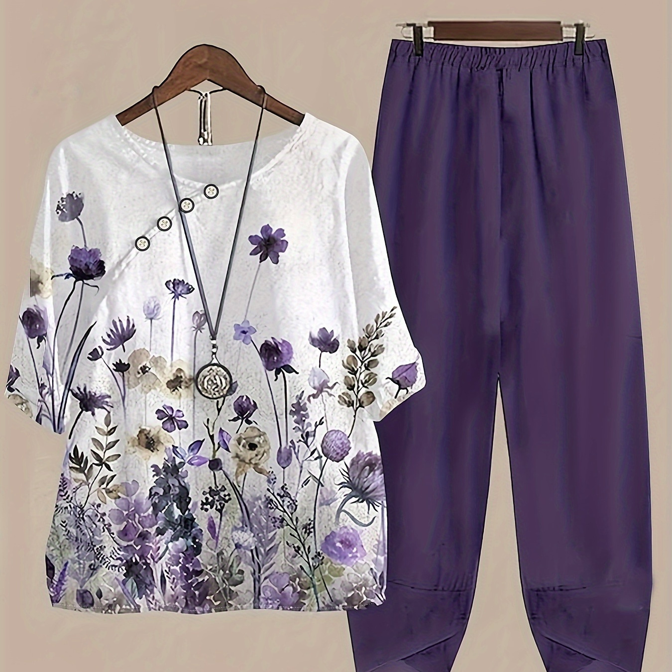 

Casual Slim Two-piece Pants Set, Crew Neck Button Decor Tops & Skinny Elastic Waist Pants Outfits, Women's Clothing