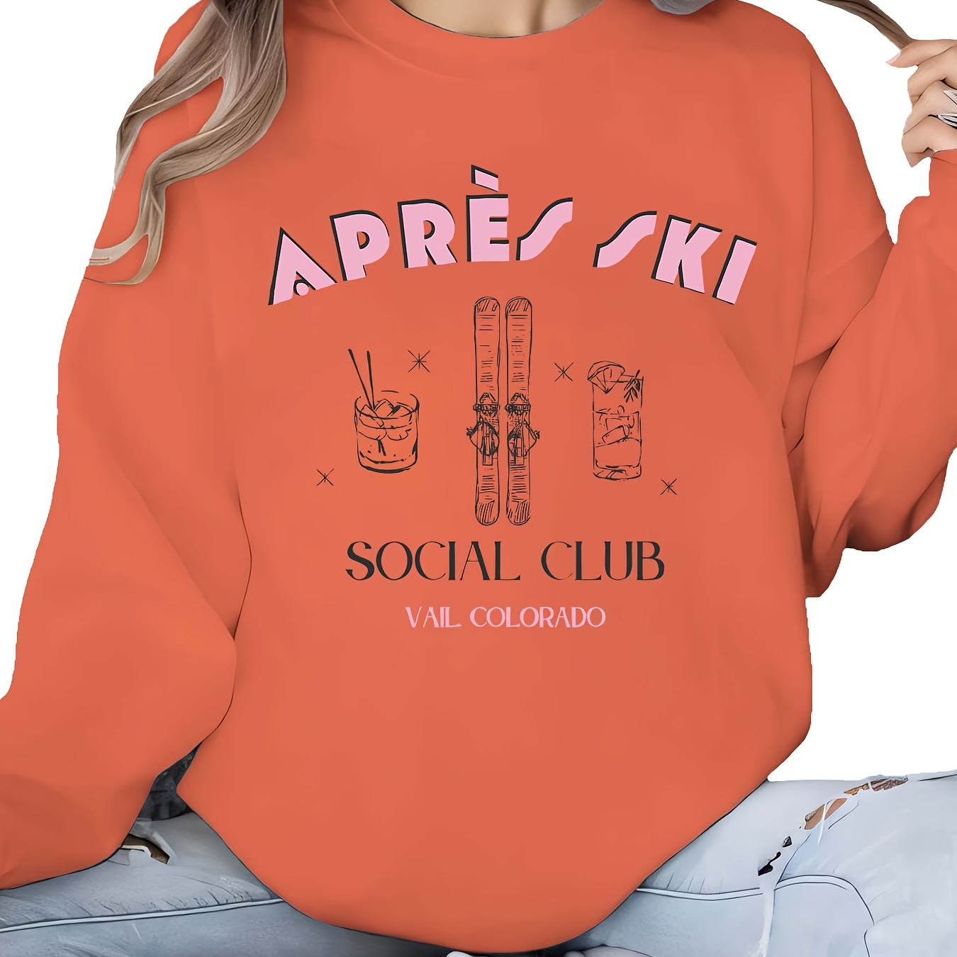 

Cozy Ski Letter Print Sweatshirt - Casual Crew Neck For Women, Fall & Winter, Machine Washable Polyester, Clothing