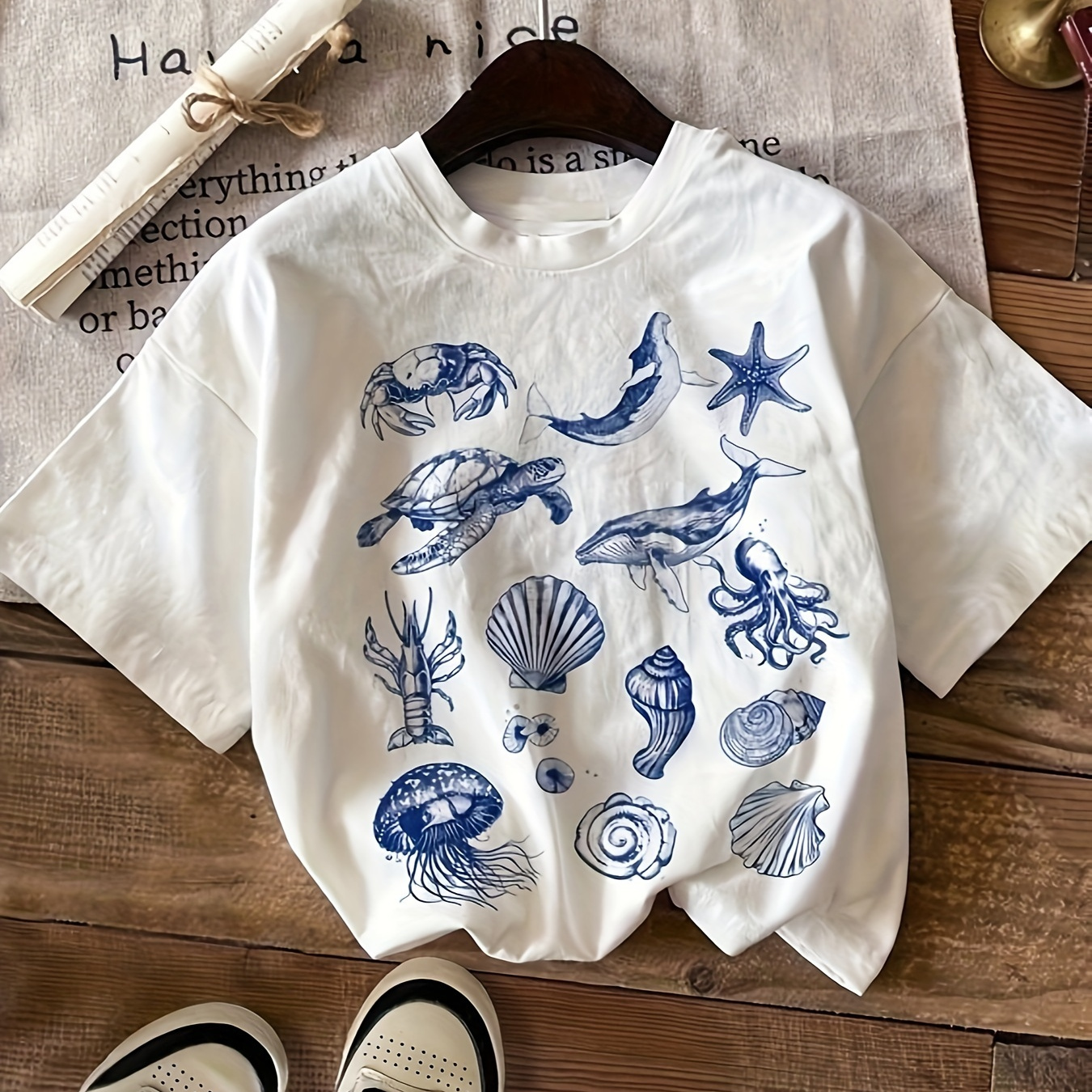 

Turtle Print T-shirt, Short Sleeve Crew Neck Casual Top For Summer & Spring, Women's Clothing