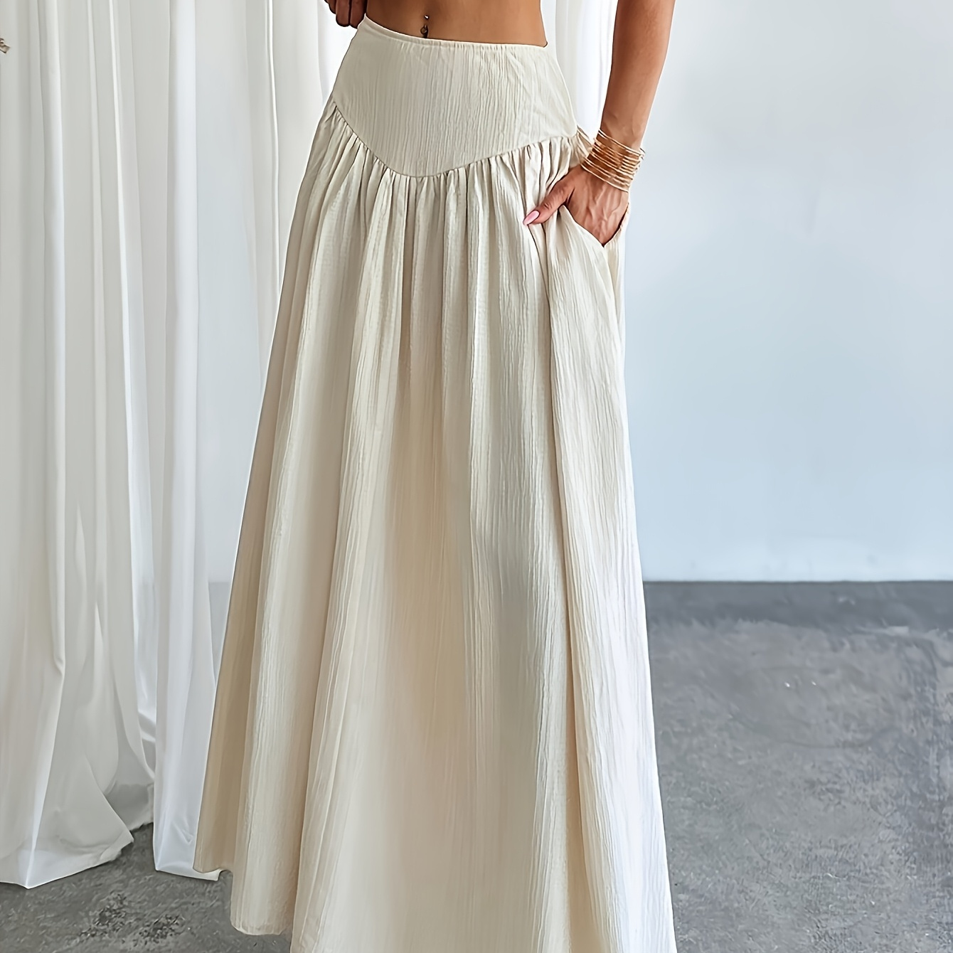 

1pc Elegant Women's High-waisted Pleated Skirt, Polyester 100%, Solid Color, Woven, Spring/fall Fashion, Full-length Flowy Skirt