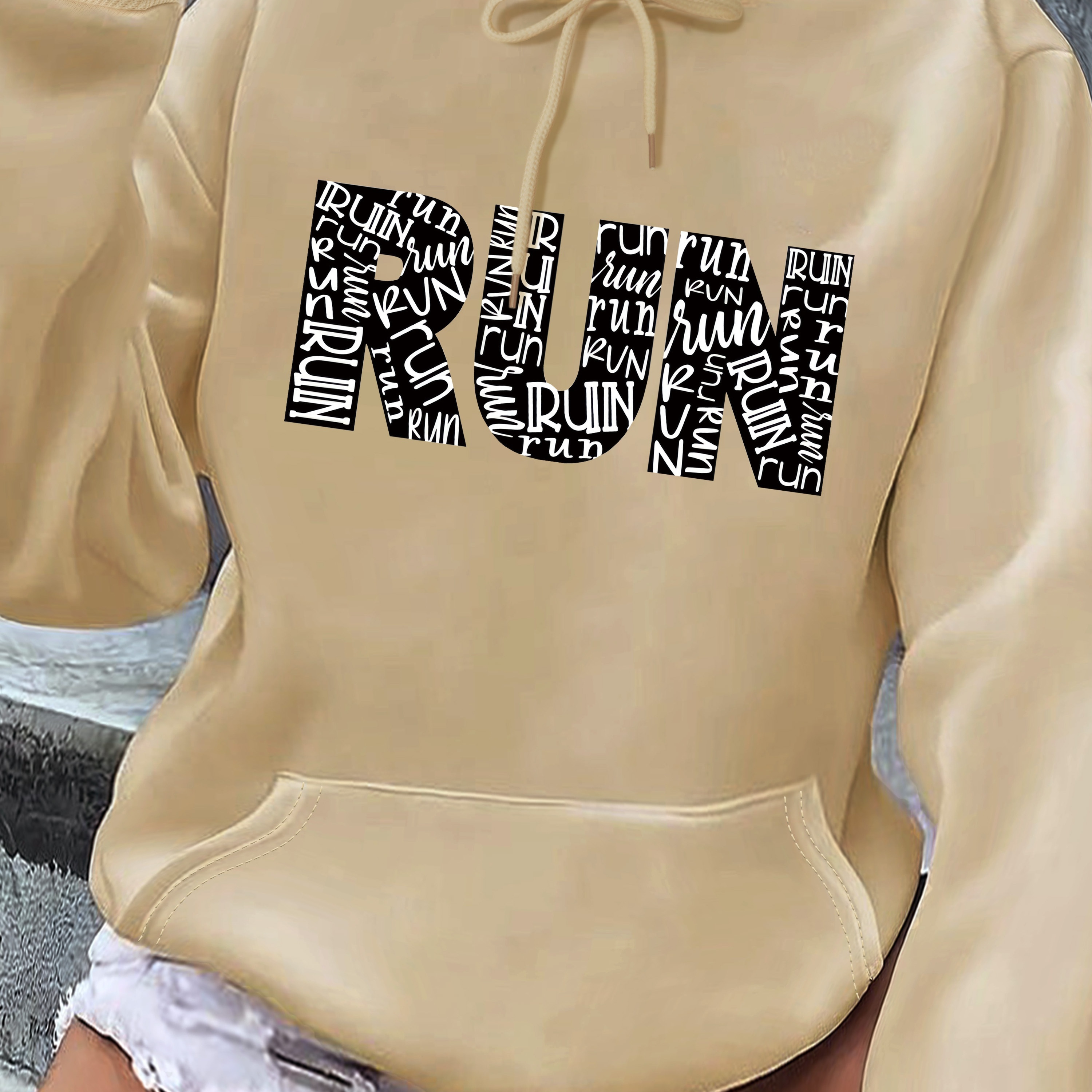 

Women's Casual Polyester Hoodie With Run Alphabet Graphic Print, 100% Polyester Knit Fabric, Hooded Pullover With Drawstring, All-season Comfort