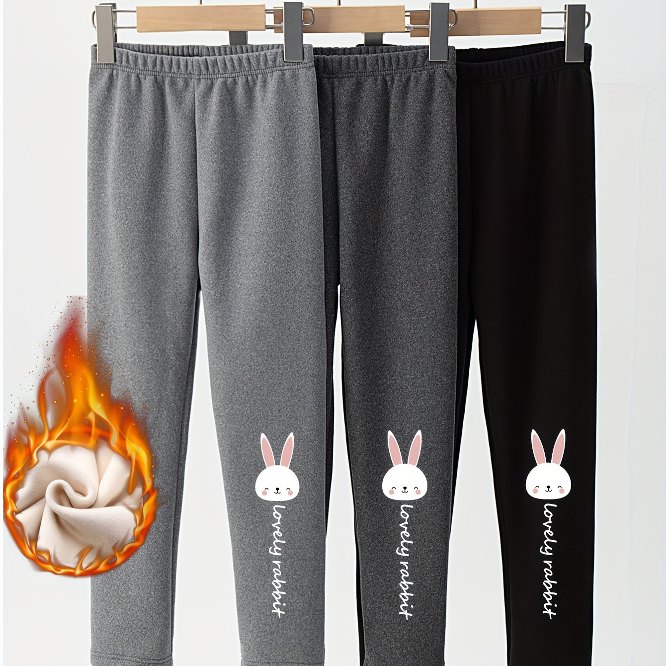 

3pcs Girls Thick Fleece Bunny Graphic Leggings Set Warm Leggings Fall Winter