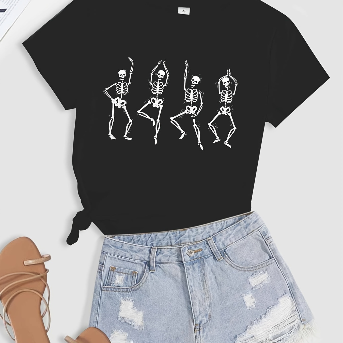 

Halloween Skeleton Print T-shirt, Casual Short Sleeve T-shirt For Spring & Summer, Women's Clothing
