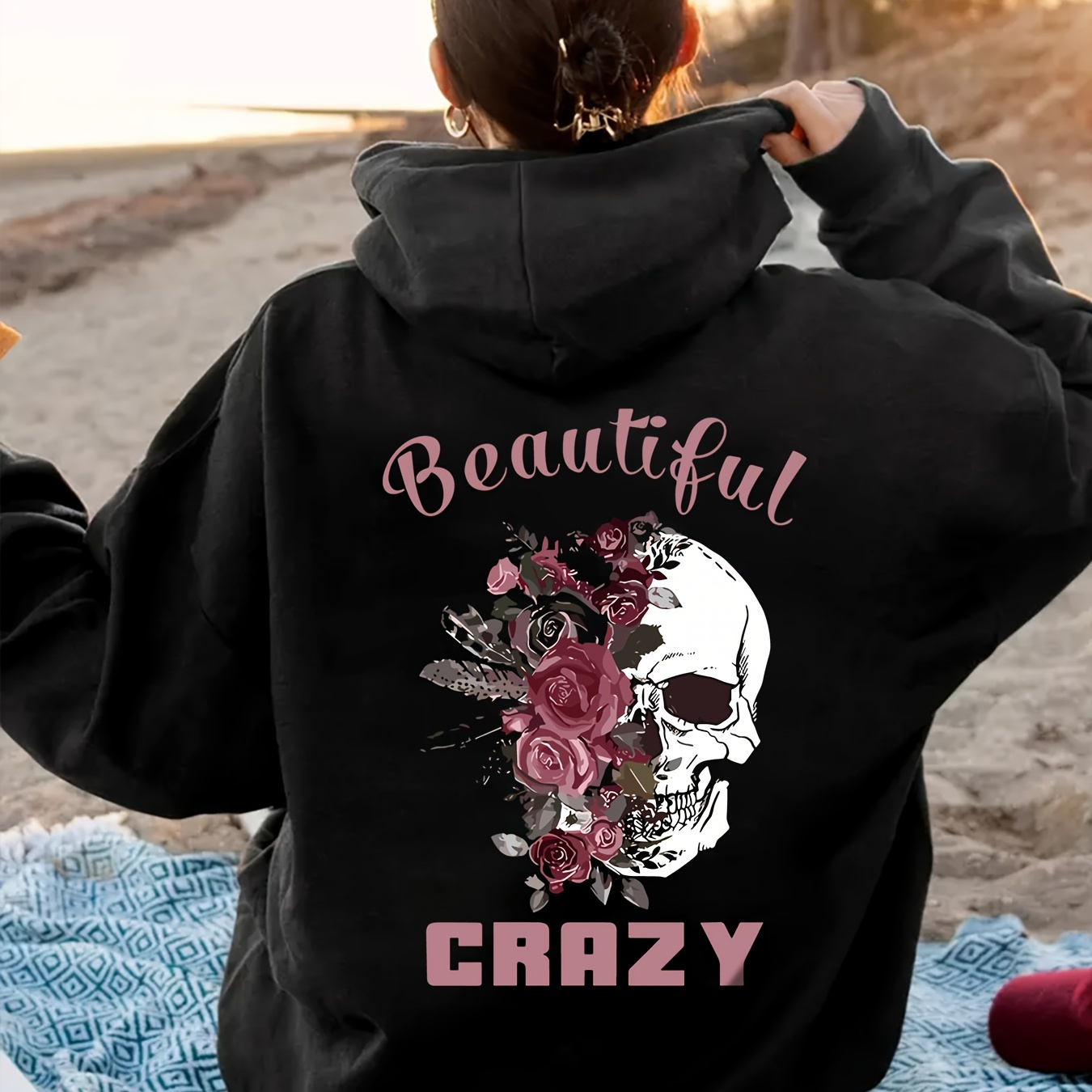 

Women's Casual Floral Skull Print Hoodie - Cozy Polyester Pullover With Kangaroo Pocket, Long Sleeve, Drawstring Hooded Sweatshirt For Fall & Winter - Machine Washable