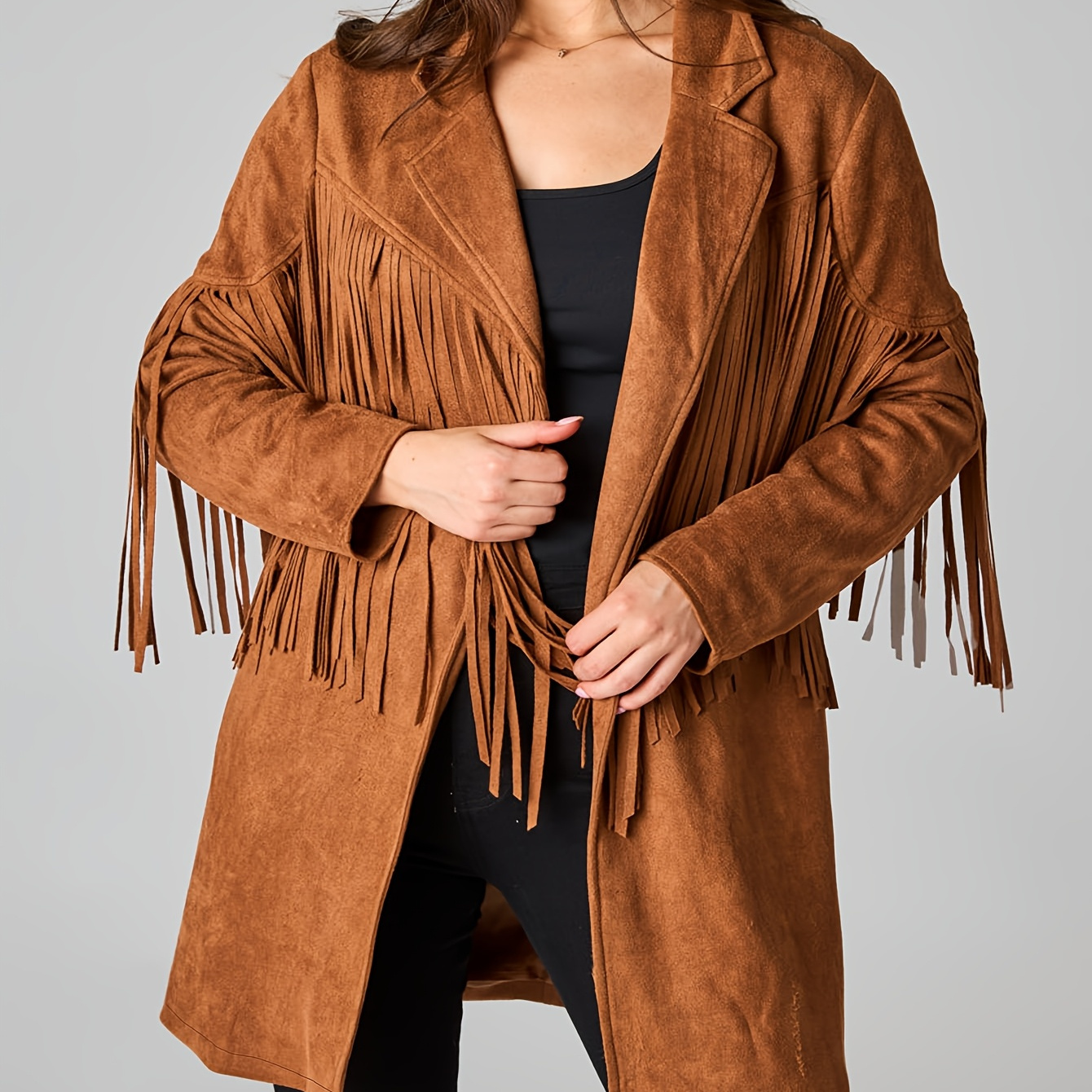 

Women's Plus Size Vintage Western Style Mid-length Suede Jacket With - Brown, Open Front Design For Casual Attire, Jacket | Detail Jacket | Knitted Construction, Ladies Jackets