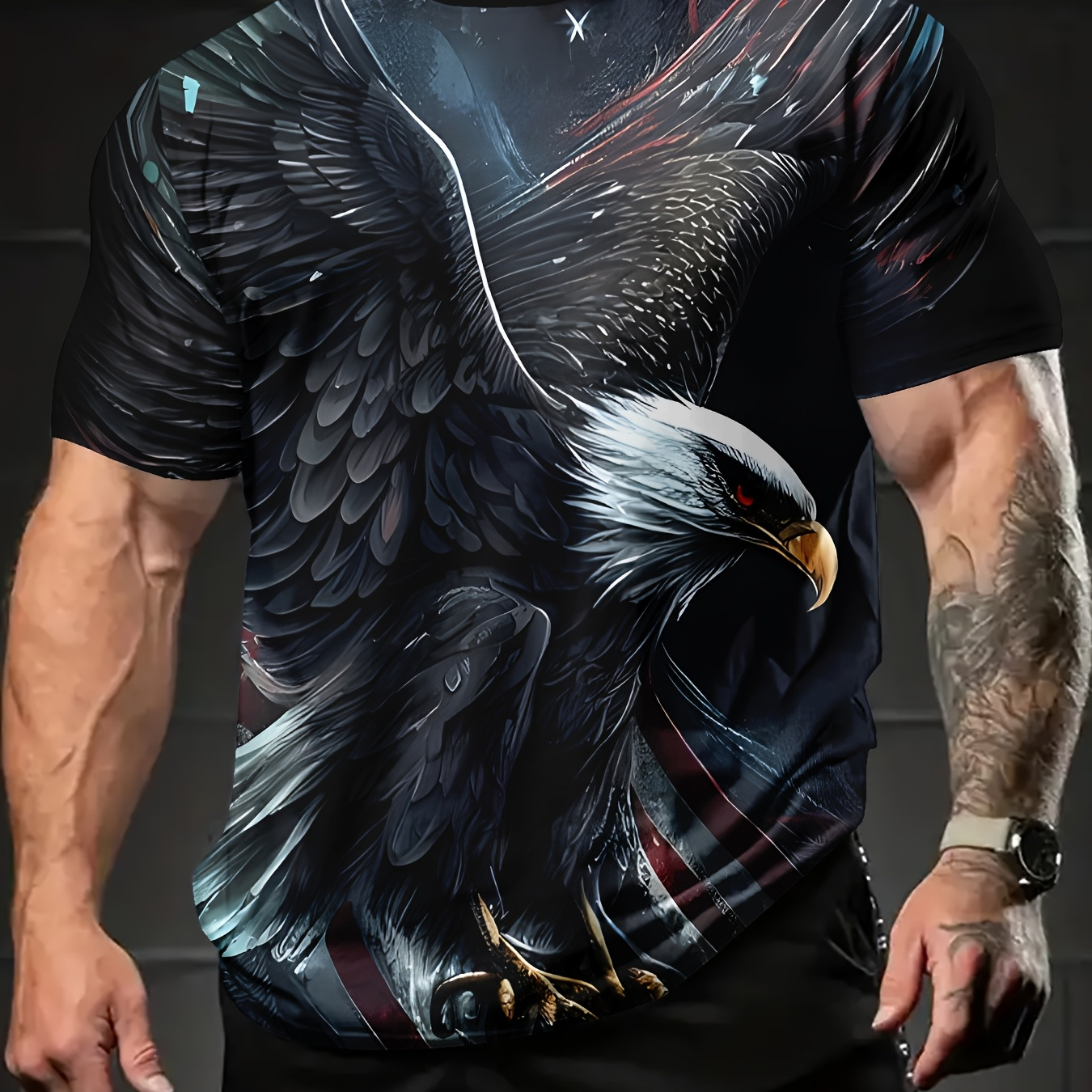 

And Eagle Print Round Neck T-shirt, Summer Men Casual Outdoor Short-sleeved Top