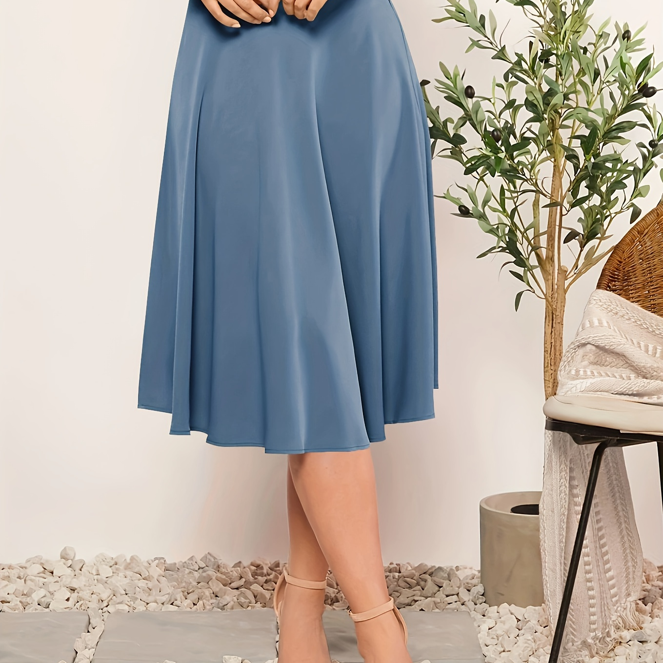 

Solid High Waist Draped Skirt, Elegant Ruffle Hem Midi Skirt, Women's Clothing