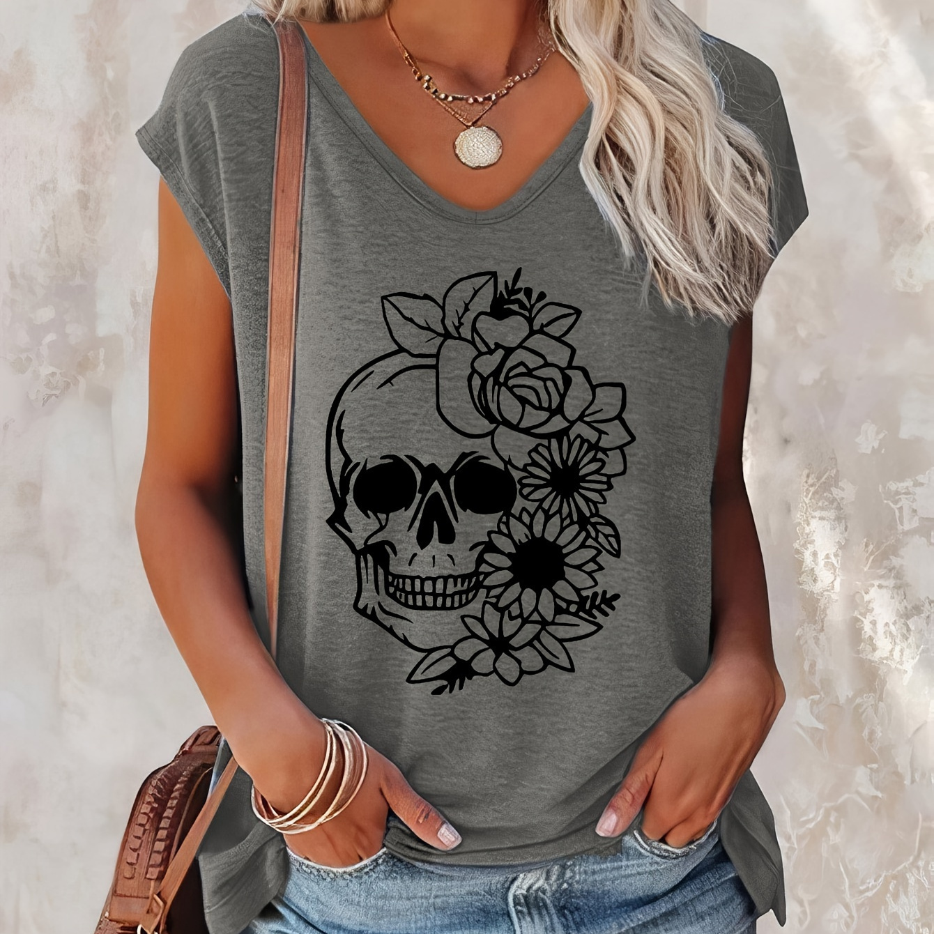 

Skull Head Print Cap Sleeve Top, Casual Top For Summer & Spring, Women's Clothing