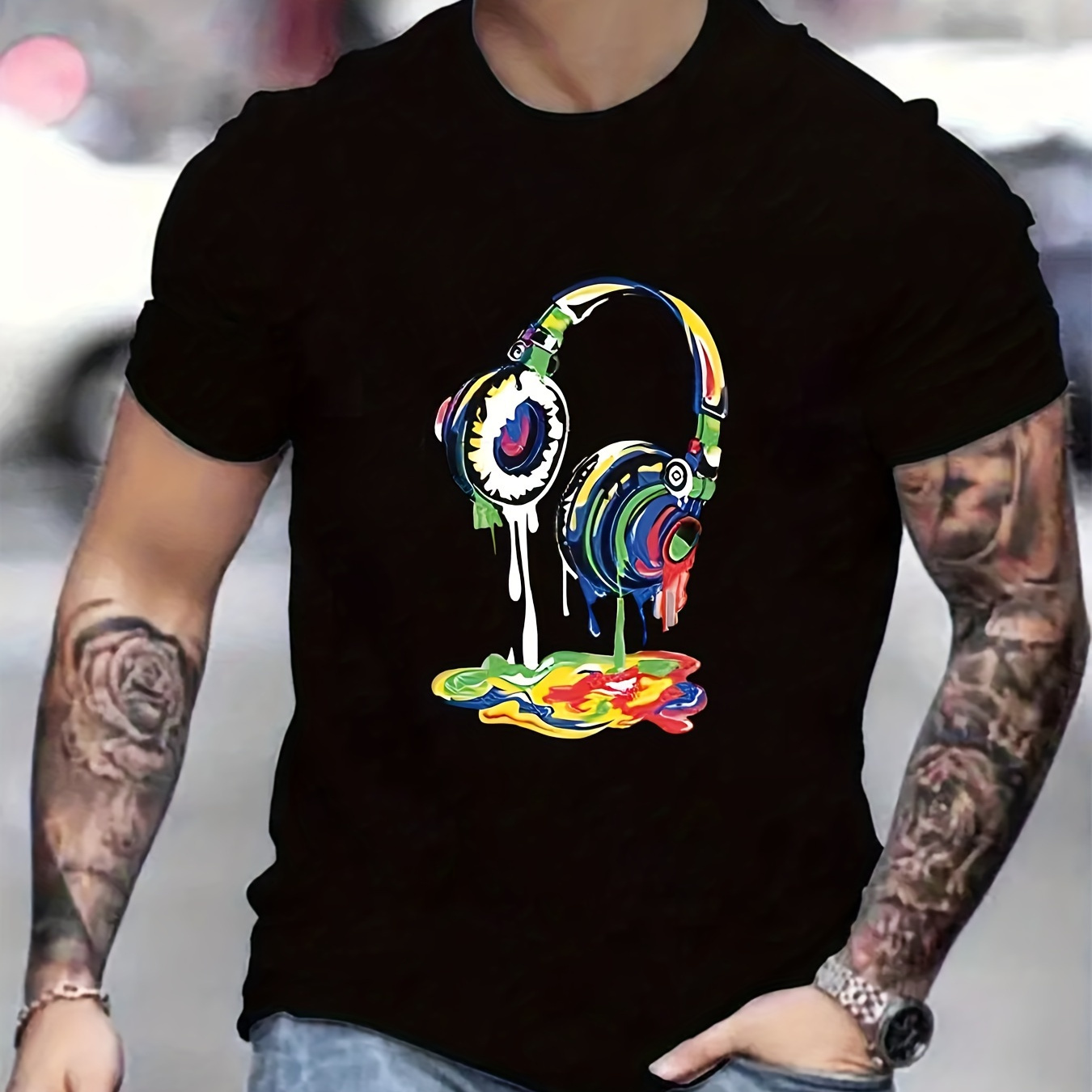 

Melting Headset Print T Shirt, Tees For Men, Casual Short Sleeve T-shirt For Summer