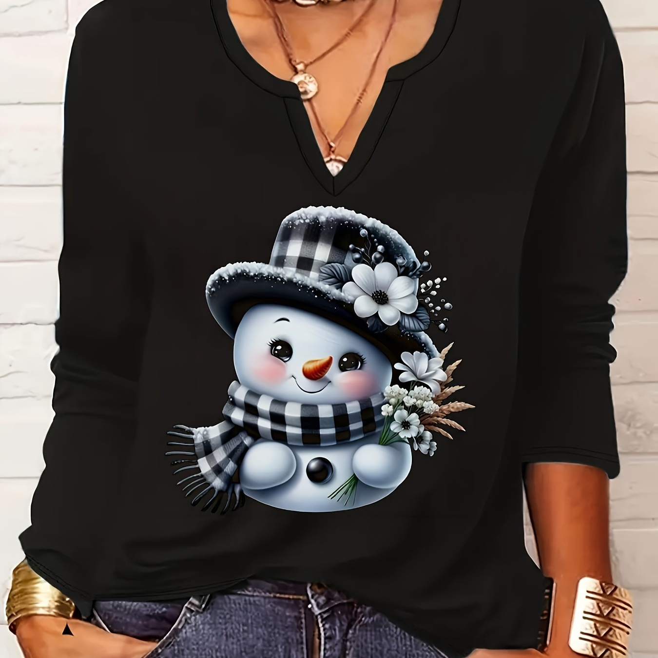 

Plus Size Snowman Print T-shirt, Casual Notched Neck Long Sleeve Top For Spring & Fall, Women's Plus Size Clothing