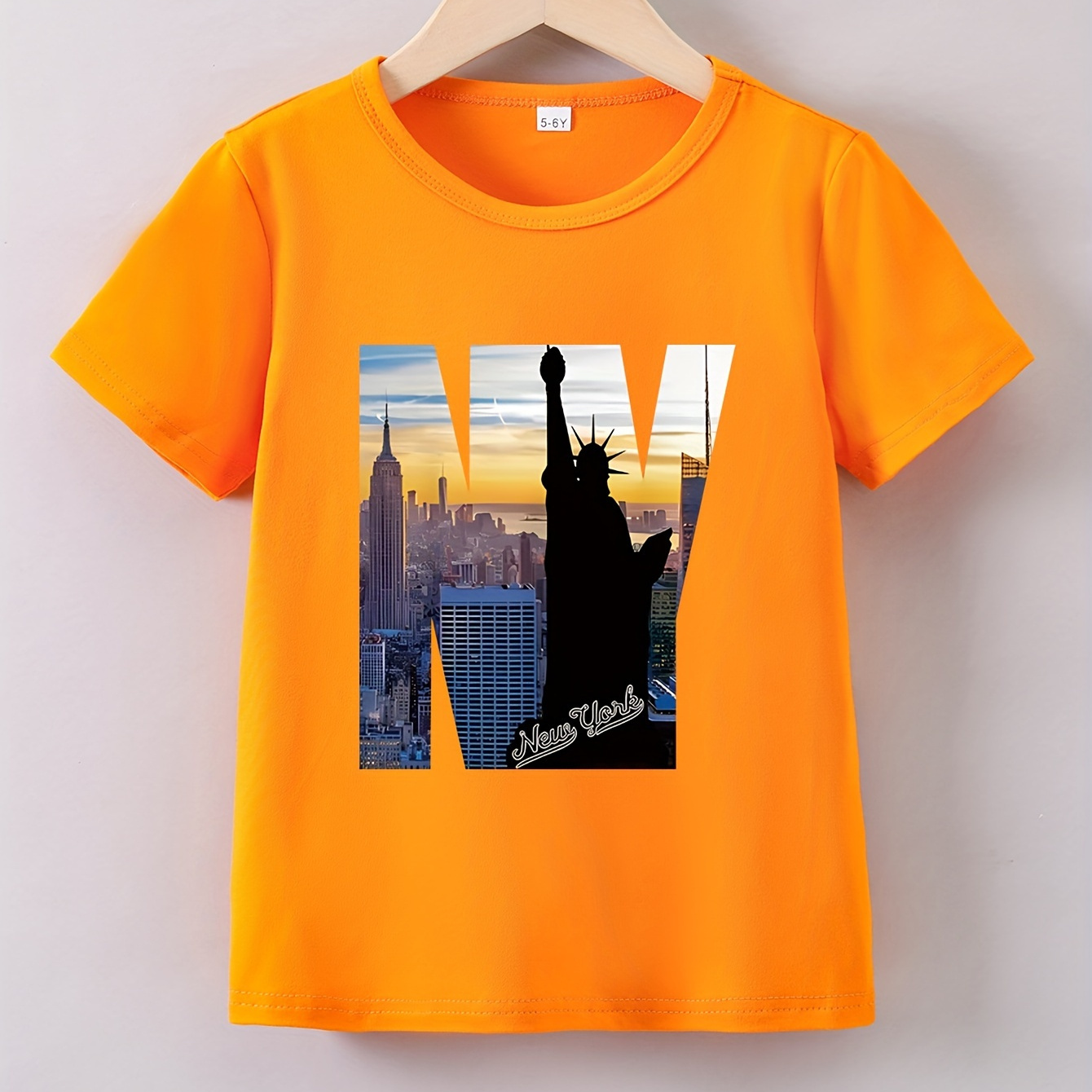 

ny" & New York Graphic Print Creative T-shirts, Soft & Elastic Comfy Crew Neck Short Sleeve Tee, Girls' Summer Tops