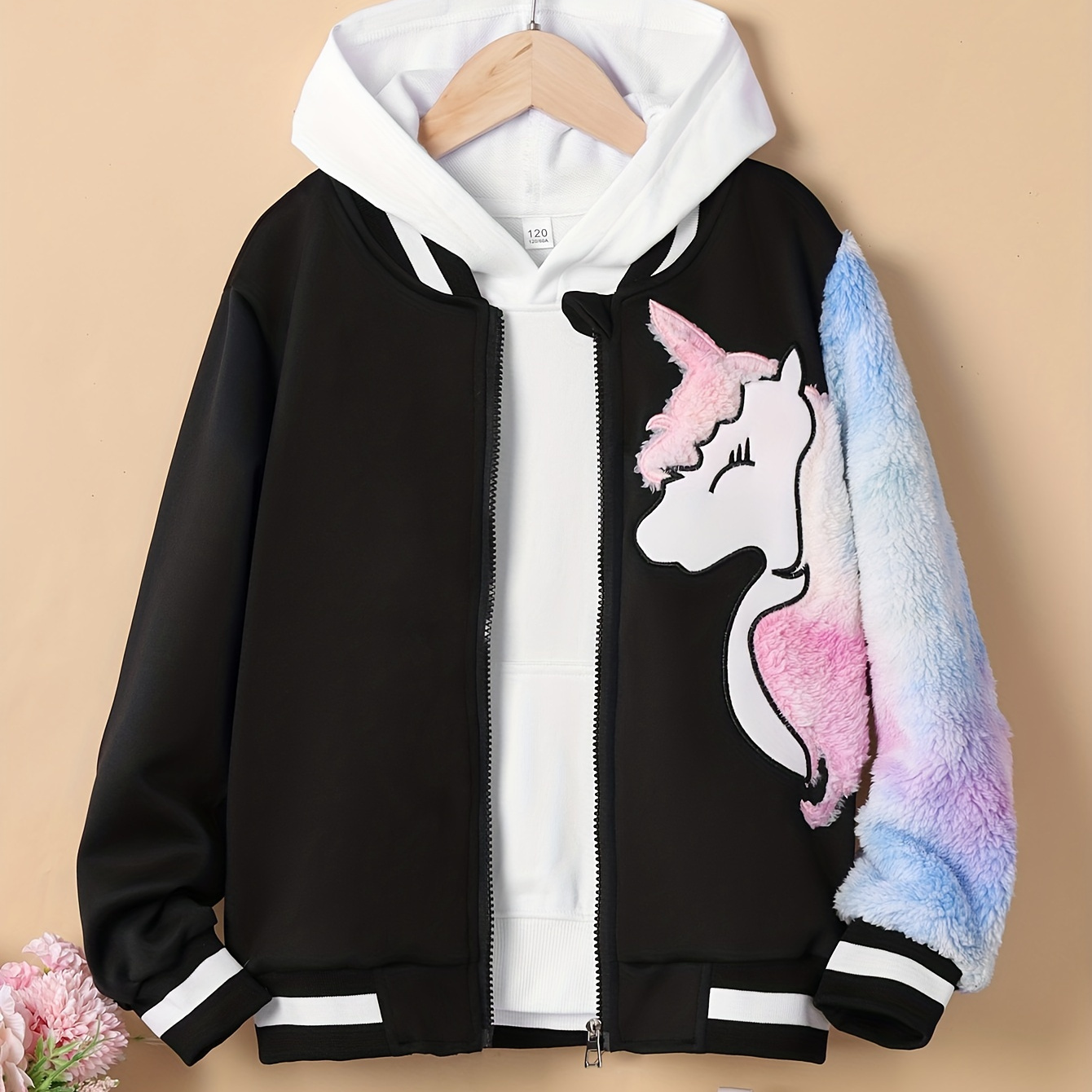 

Girls Varsity Style Band Collar Unicorn Pattern Bomber Jacket For Autumn/ Spring