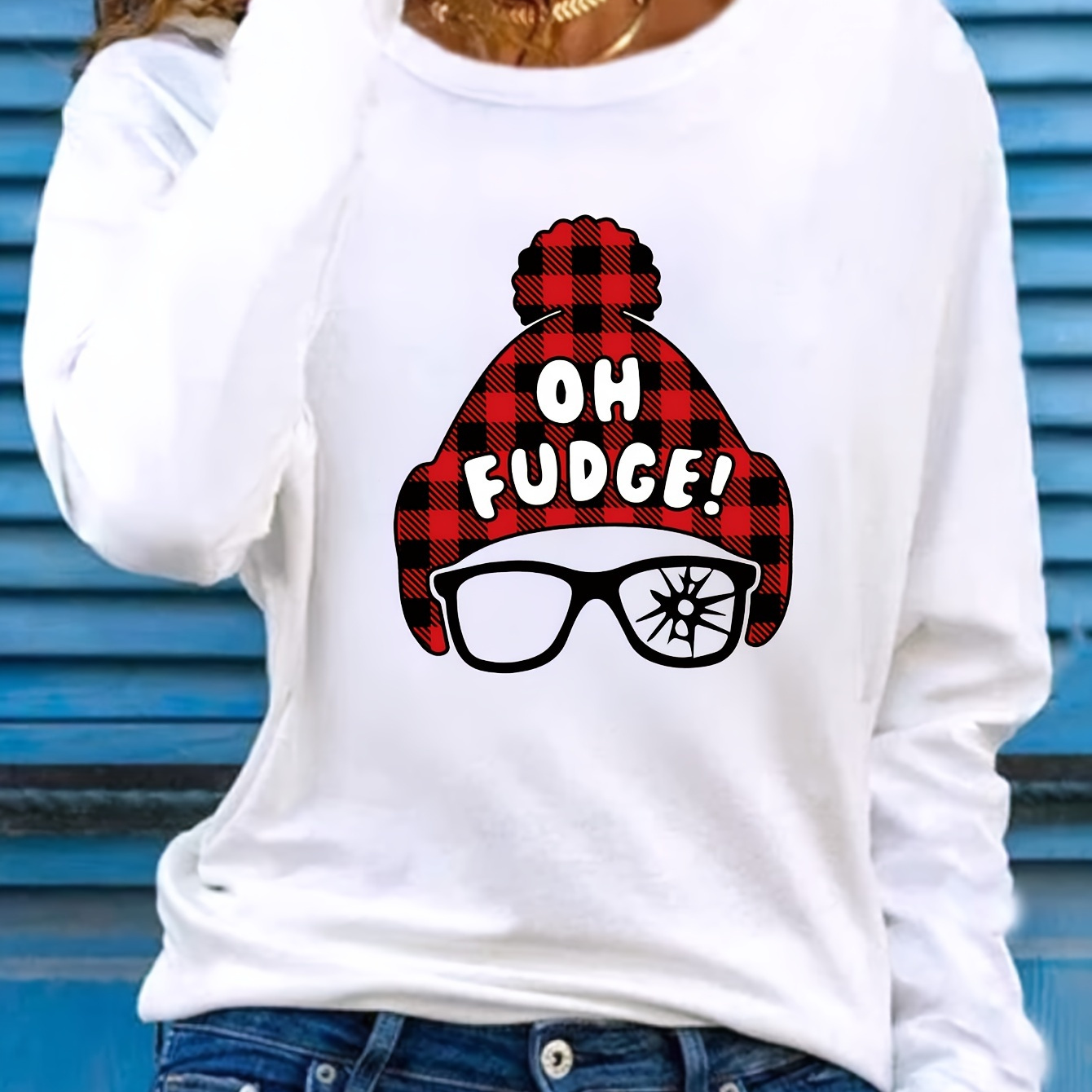 

Women's Casual Crew Neck Long Sleeve T-shirt With "!" Applique Gingham Glasses Print - 100% Polyester Knit Fabric, Regular Fit Pullover For Fall