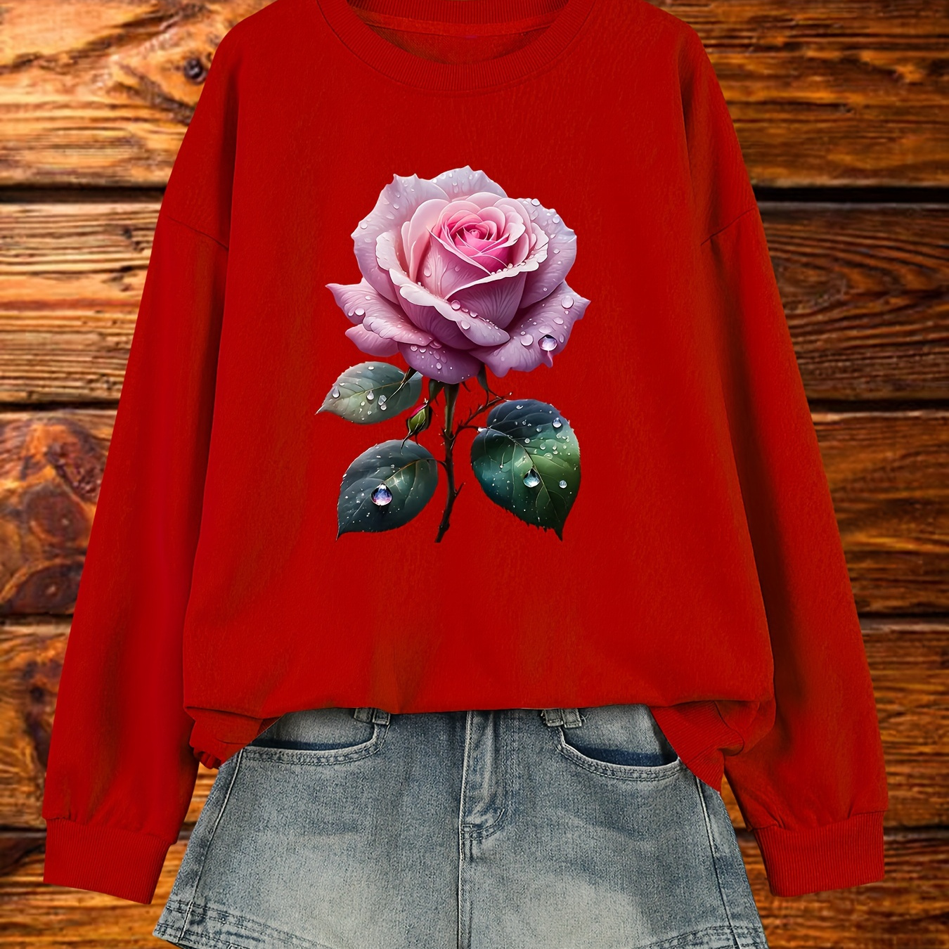 

Plus Size Rose Print Crew Neck Pullover Sweatshirt, Casual Long Sleeve Sweatshirt For Fall & Winter, Women's Plus Size Clothing