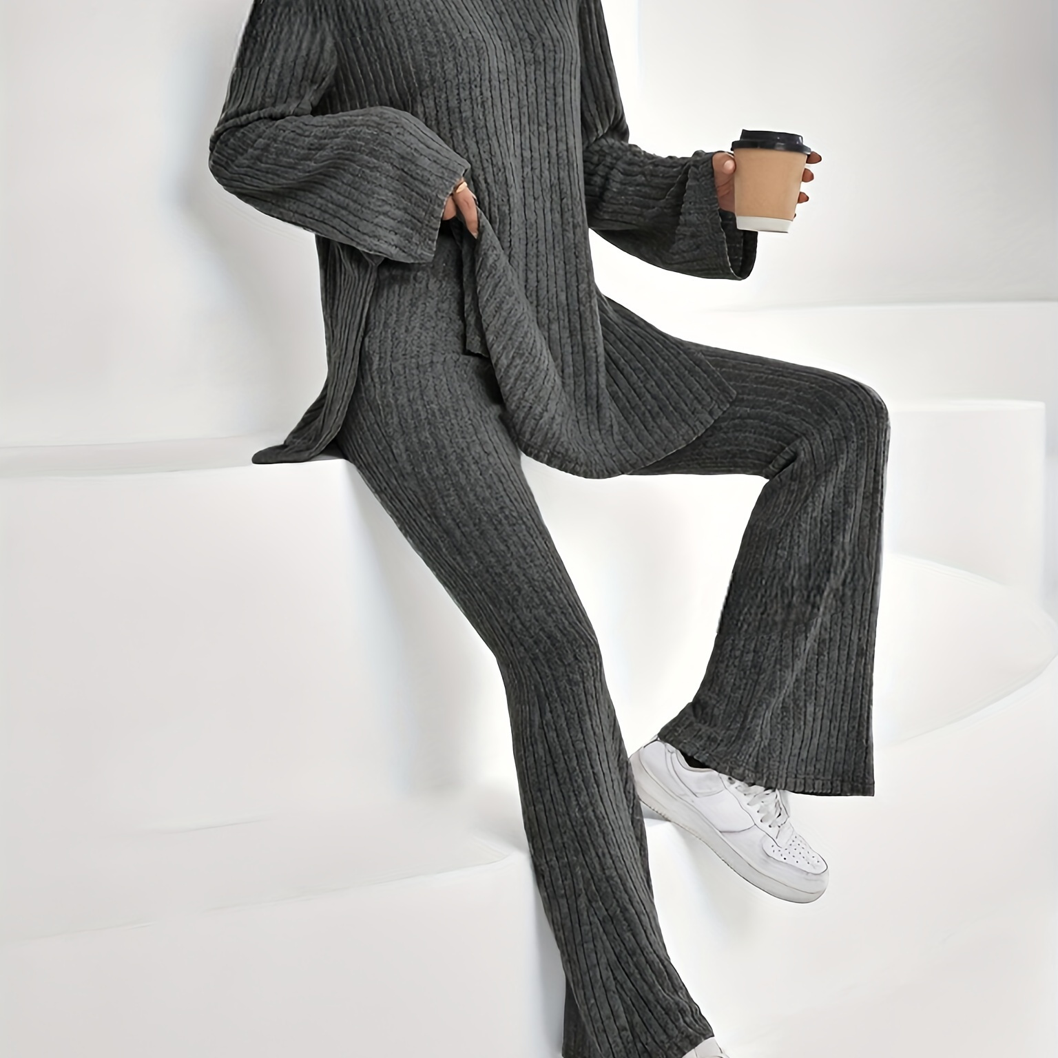 

'- Set: Ribbed Sweater & Pants - , Washable, Non-sheer Knit Outfit For Fall/