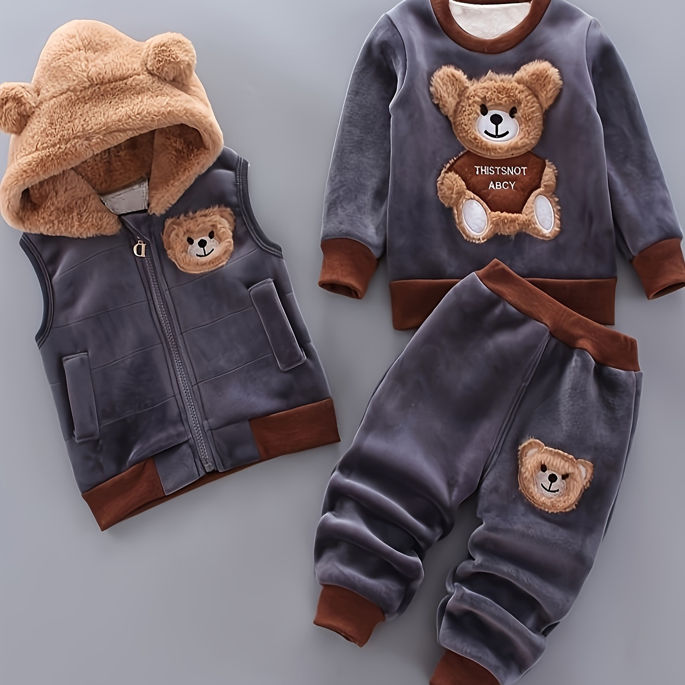 

3pcs Boys Adorable Furry Face Bear Pattern Long Sleeve Pullover & Hooded Zip Up Sleeveless Coat & Pants Set, Winter/fall