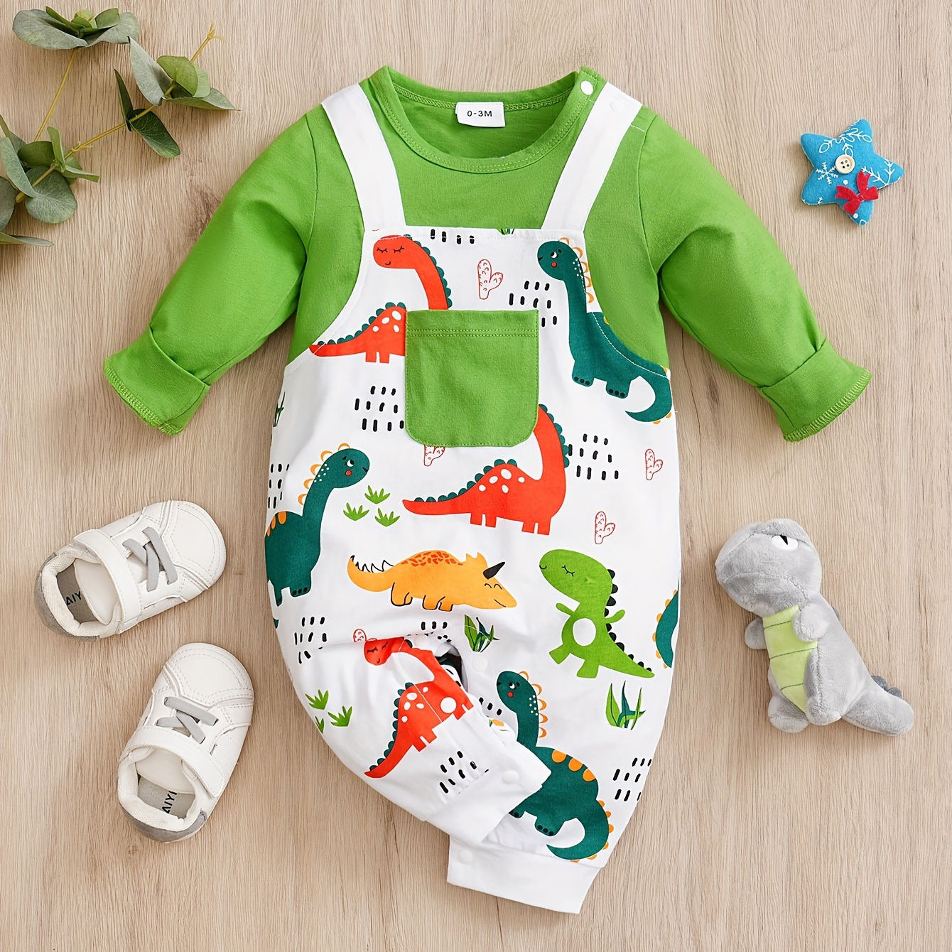 

Infant's 100% Cotton Faux Two-piece Dinosaur Print Bodysuit, Comfy Long Sleeve Onesie, Baby Boy's Clothing