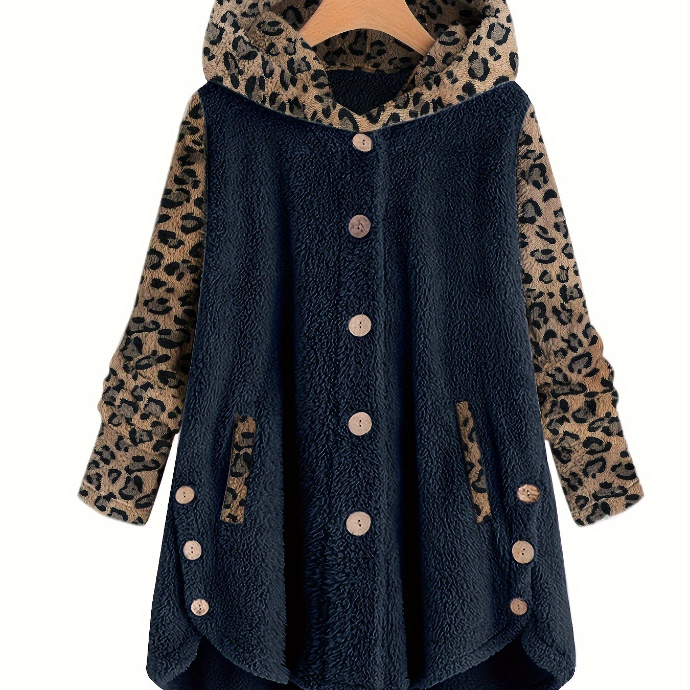 

Plus Size Casual Coat, Women's Plus Colorblock Leopard Print Teddy Fleece Long Sleeve Cat Hooded Button Up Asymmetric Hem Tunic Coat With Pockets