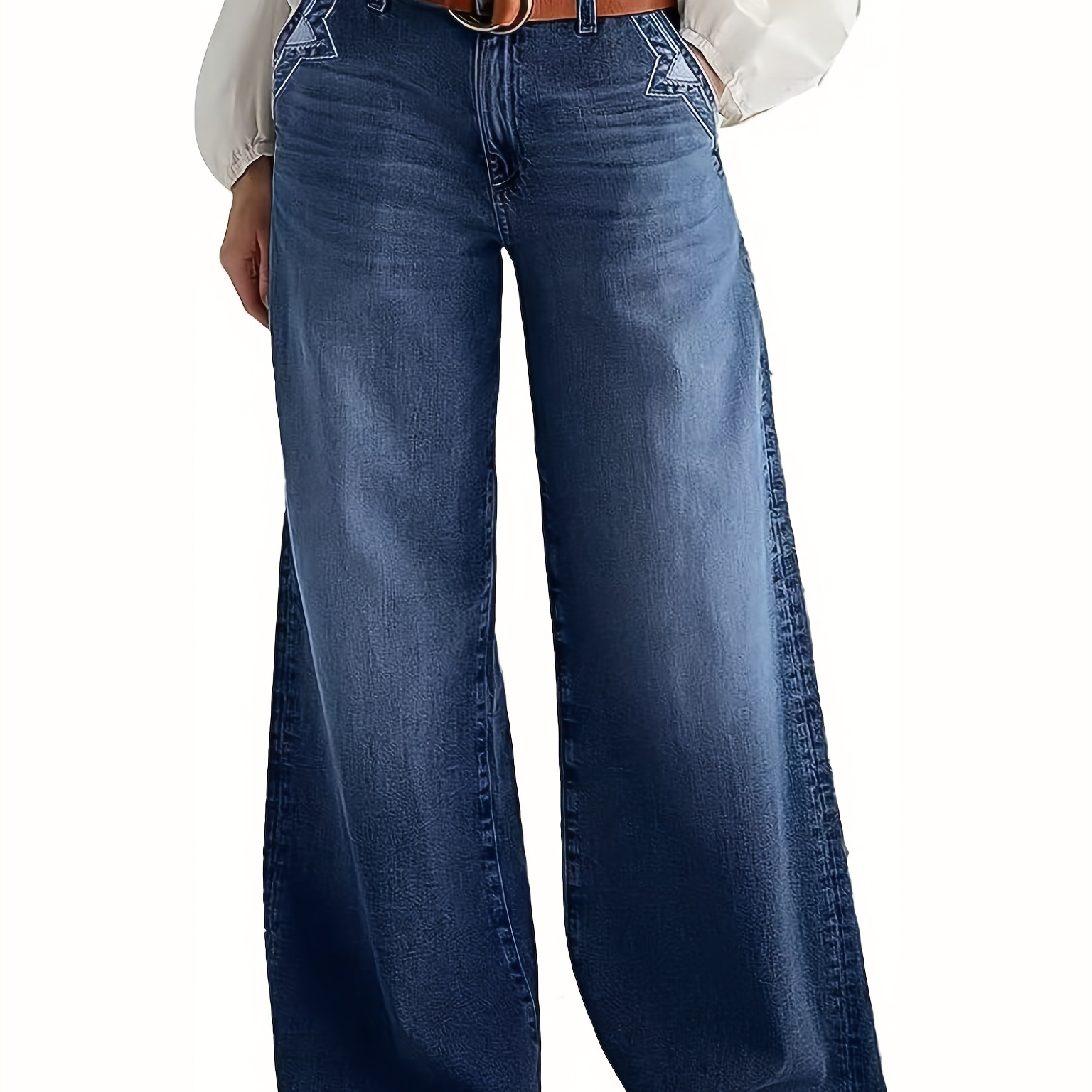 

Plus Size Embroidery Detail Straight Leg Washed Blue Zipper Button Closure Denim Pants, Women's Denim Jeans & Clothing