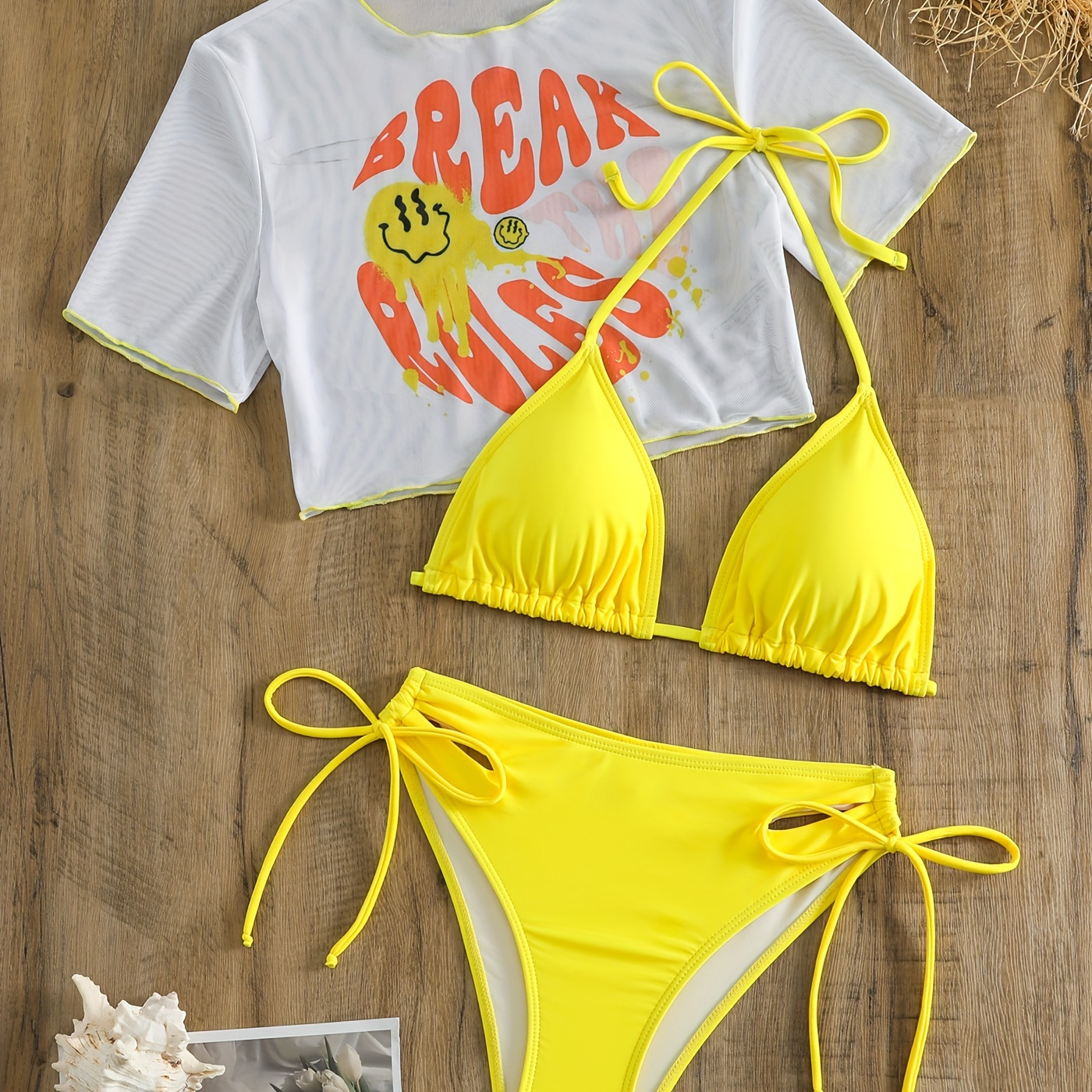 

Plain Halter Hollow Out Bikini With Letter Melting Smile Face Print Cover Up Top, Tie Strap Yellow Cute 3 Piece Set Swimsuits, Women's Swimwear & Clothing Triangle Top