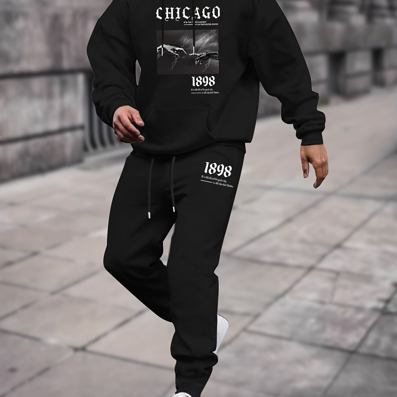 

Chicago 1898 And Fists Graphic Print, Men's 2pcs Outfits, Casual Crew Neck Long Sleeve Pullover Hoodie And Drawstring Sweatpants Joggers Set For Spring And Fall, Men's Clothing