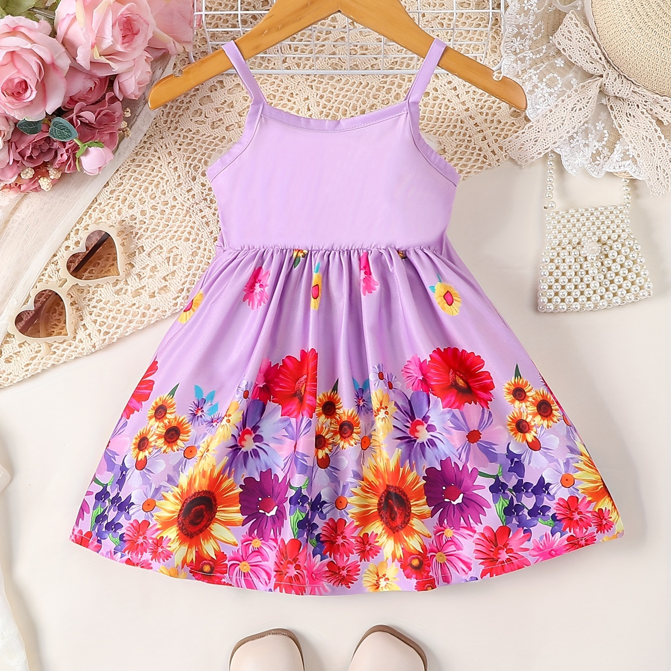 

Infant & Toddler's Colorful Flower Pattern Cami Dress, Baby Girl's Clothing For Summer