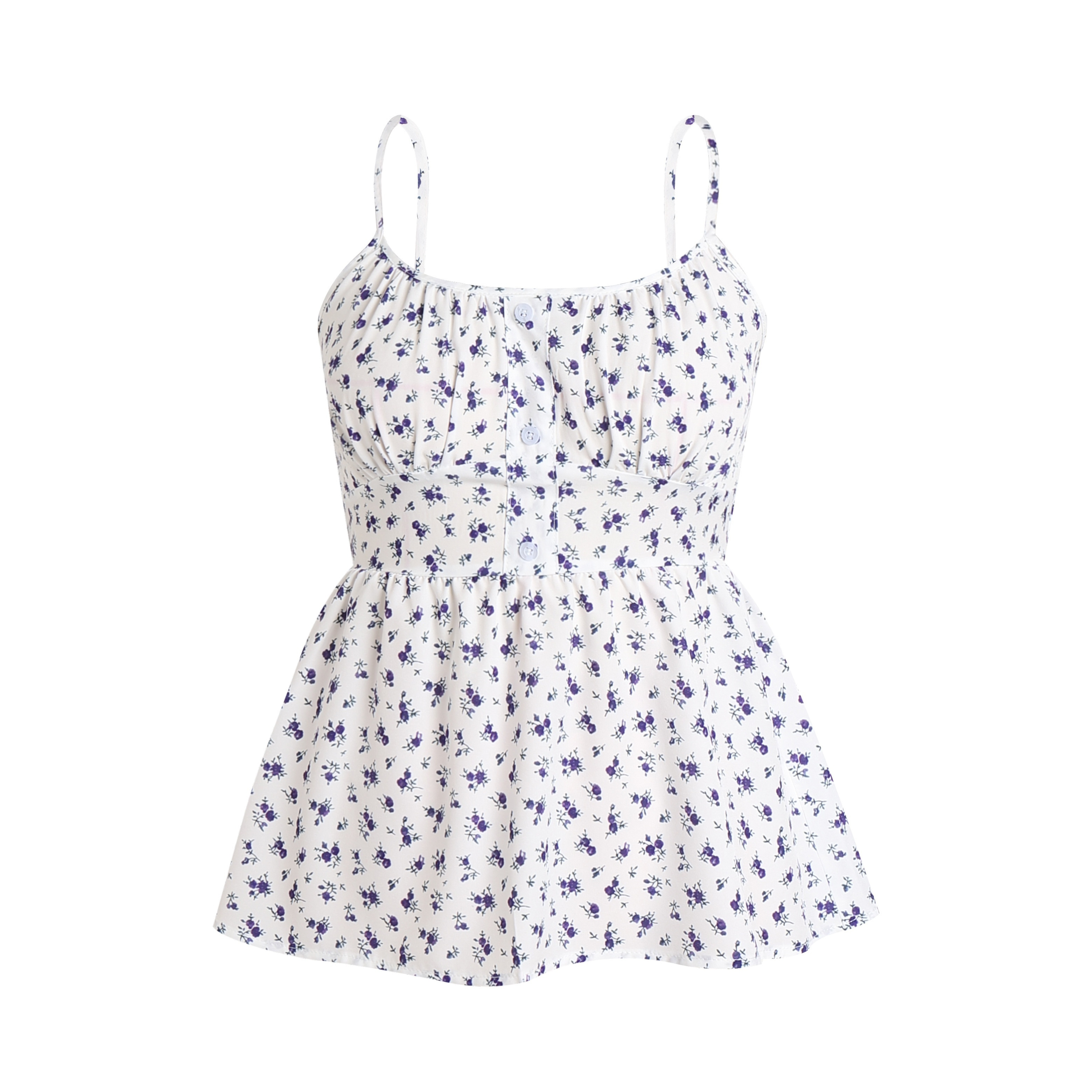 

Floral Print Ruffle Hem Cami Top, Elegant Button Decor Spaghetti Strap Shirred Sleeveless Top For Summer, Women's Clothing
