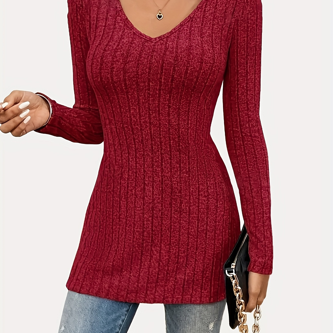 

Elegant V-neck Ribbed Knit Polyester T-shirt With Side Split Detail For Women – Solid Color Long Sleeve Top Suitable For Spring/fall