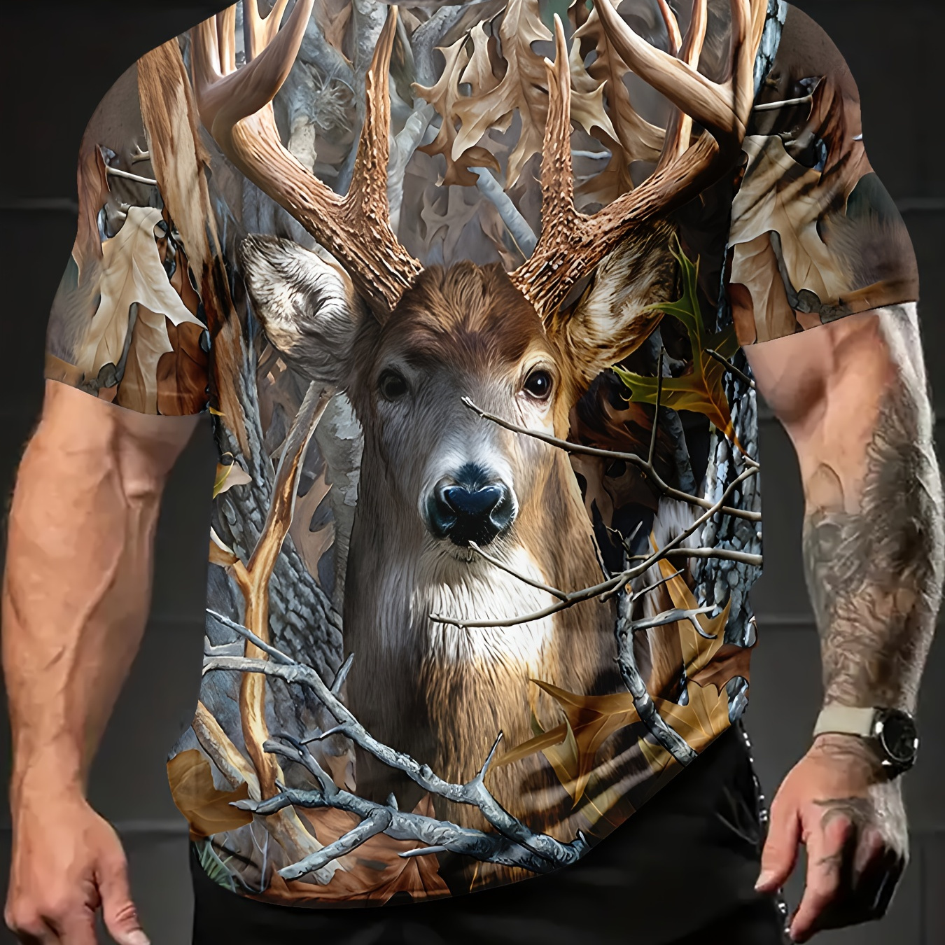 

Men's Deer Graphic Tee - Casual Short-sleeve Crew Neck, 100% Polyester, Machine Washable, Summer Outdoor Wear With Realistic Deer & Branch Print