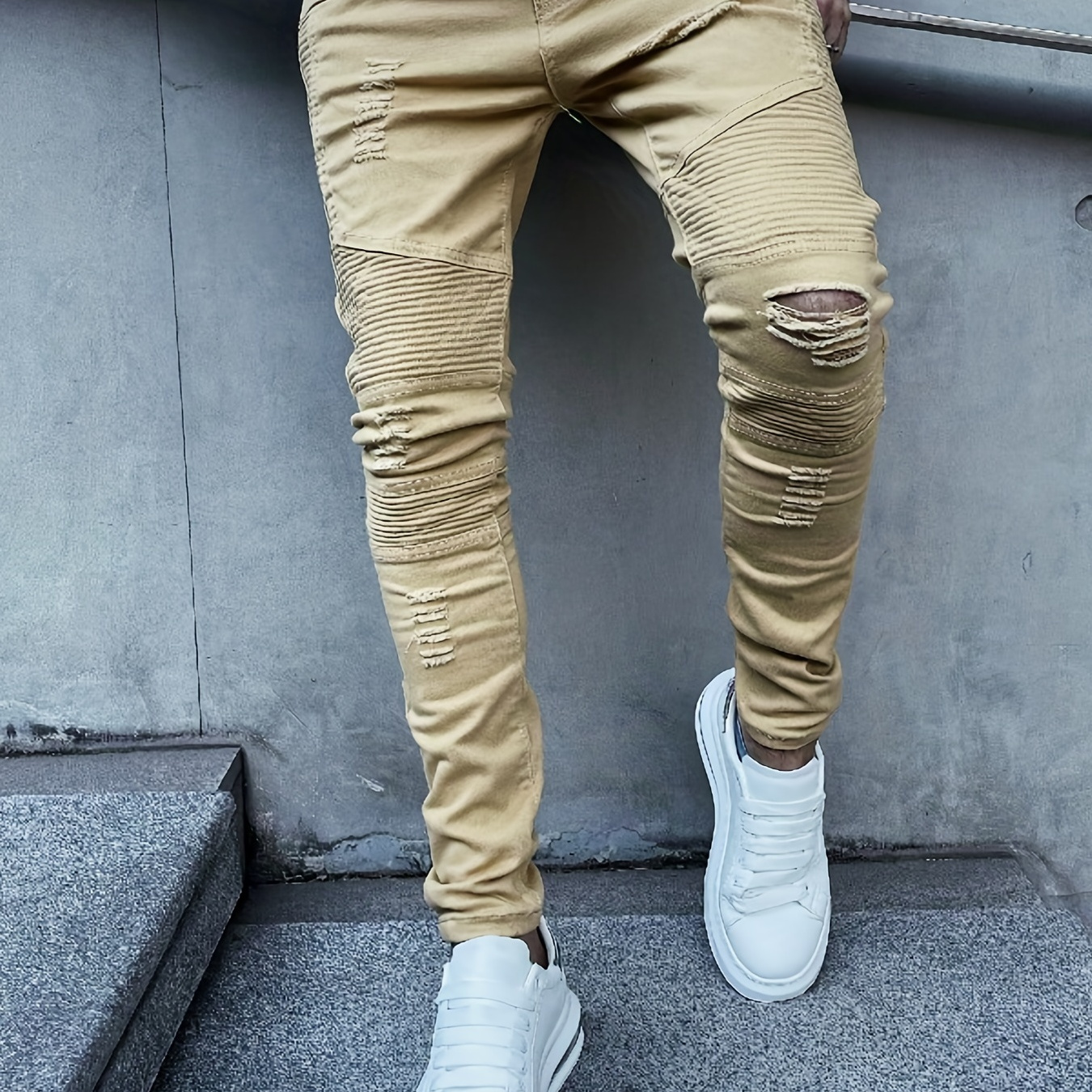 

Slim Fit Ripped Jeans, Men's Casual Street Style Distressed High Stretch Denim Pants For Spring Summer