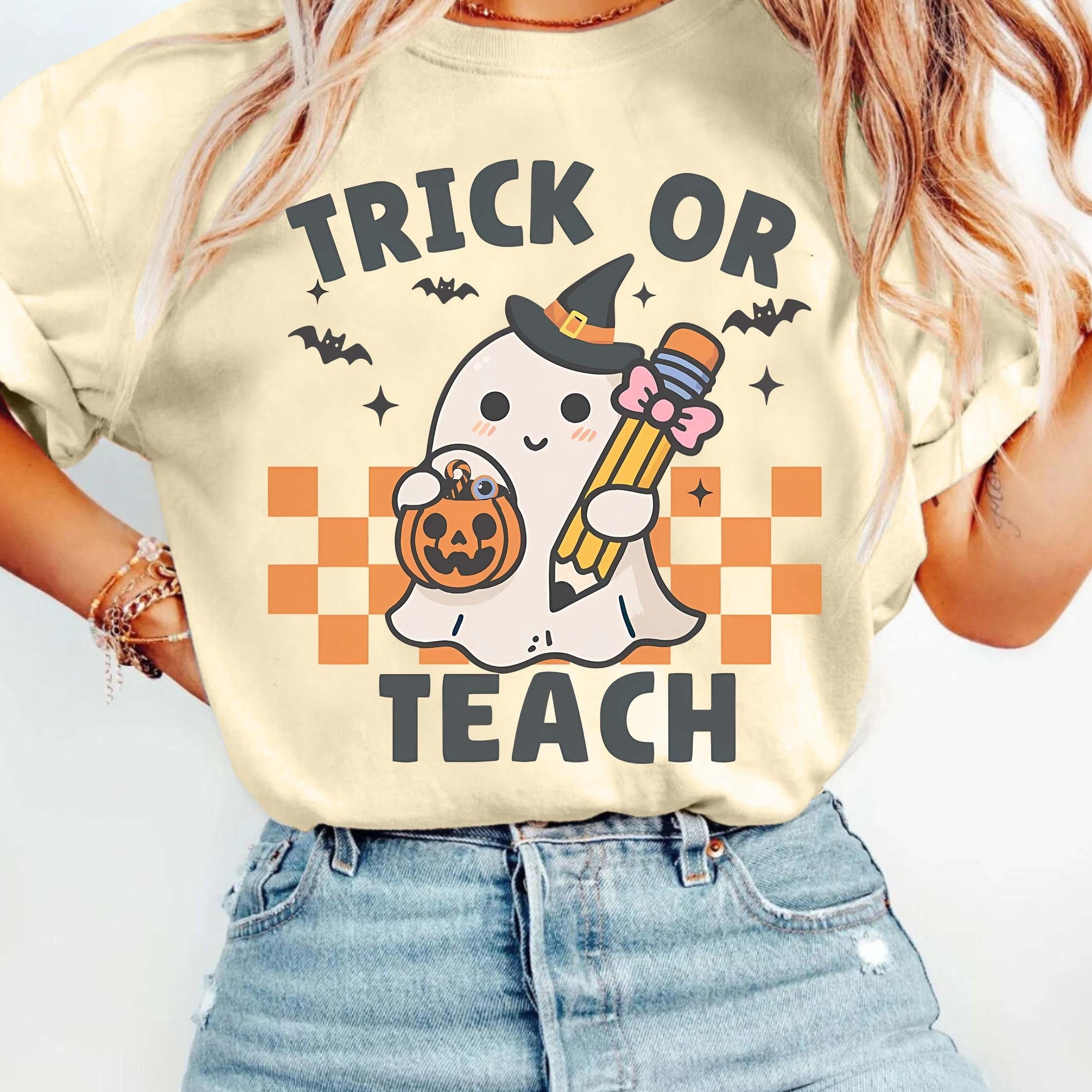 

Women's Casual Crew Neck T-shirt With Teacher Cartoon Print - Polyester Knit Fabric With Elastane, Short Sleeve, Regular Length For Summer