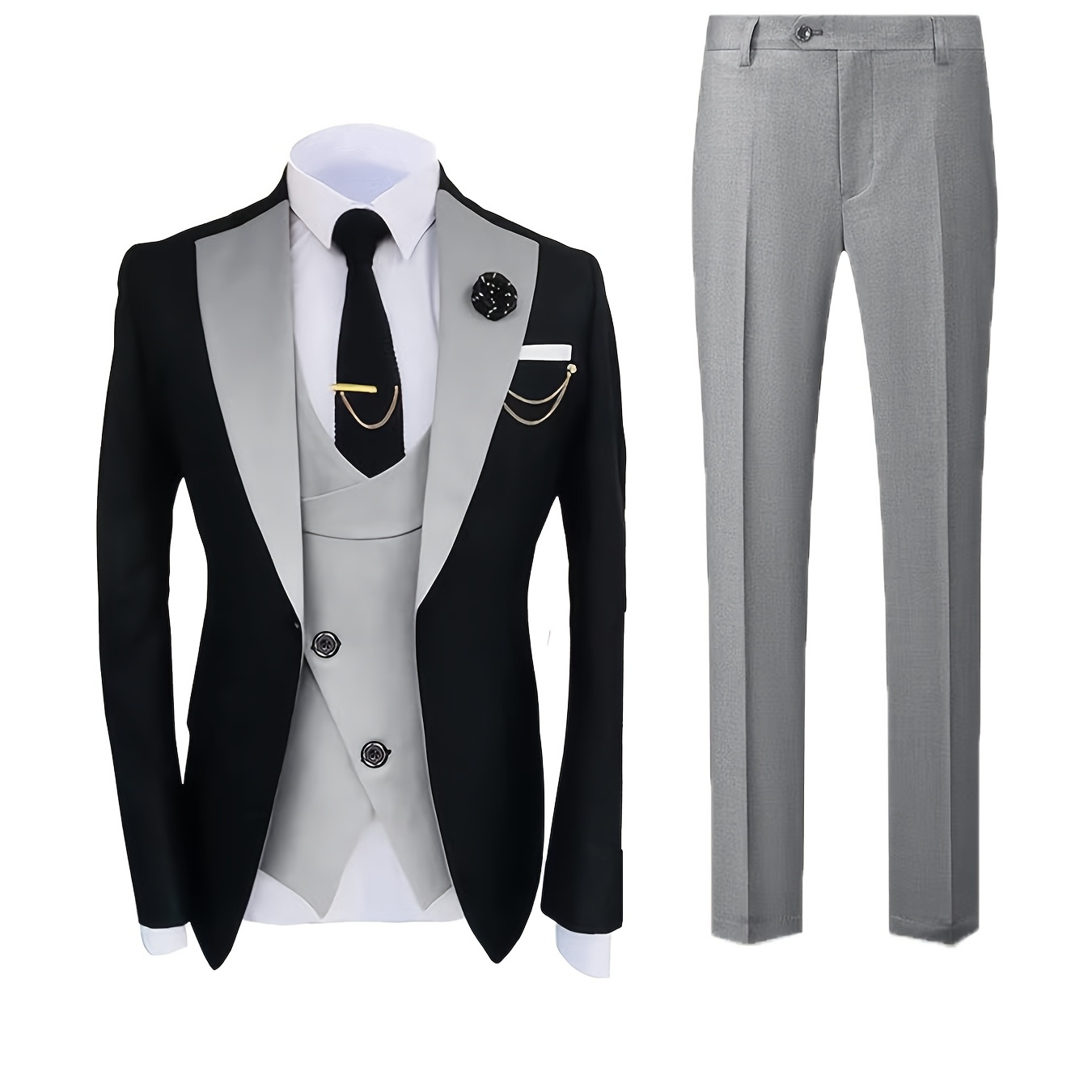 

3pcs Suit Set, Polyester , Lapel Collar, Non-stretch Solid Color, Regular Fit, With Vest, Long Sleeve Jacket, And Pants, For All Season Woven Suit