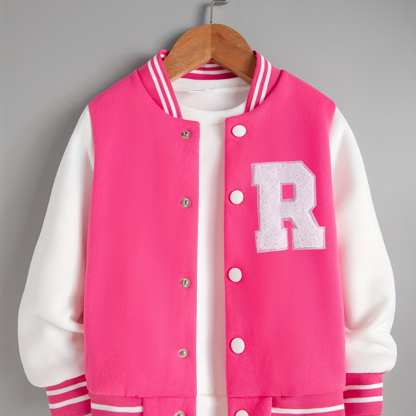 

Girl's Letter "r" Print Baseball Jacket Raglan Band Collar Jacket For Autumn/winter, Kids Clothing