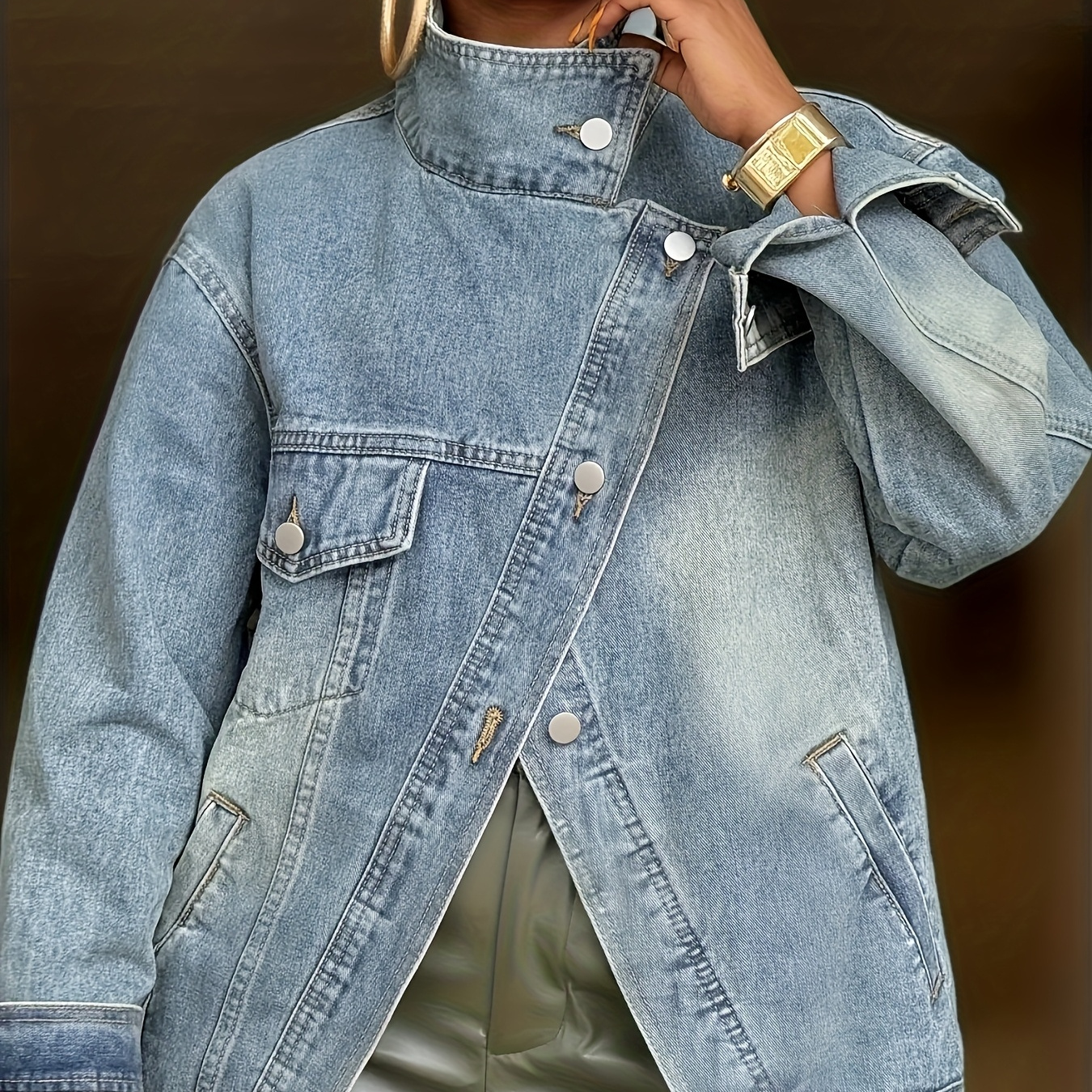 TEMU Outfit For A Romantic Evening, Presents For Her, Women's Denim Jacket With A Stand Collar And Diagonal Buttons, Classic Wash, Slim Fit, Wear And Commuting