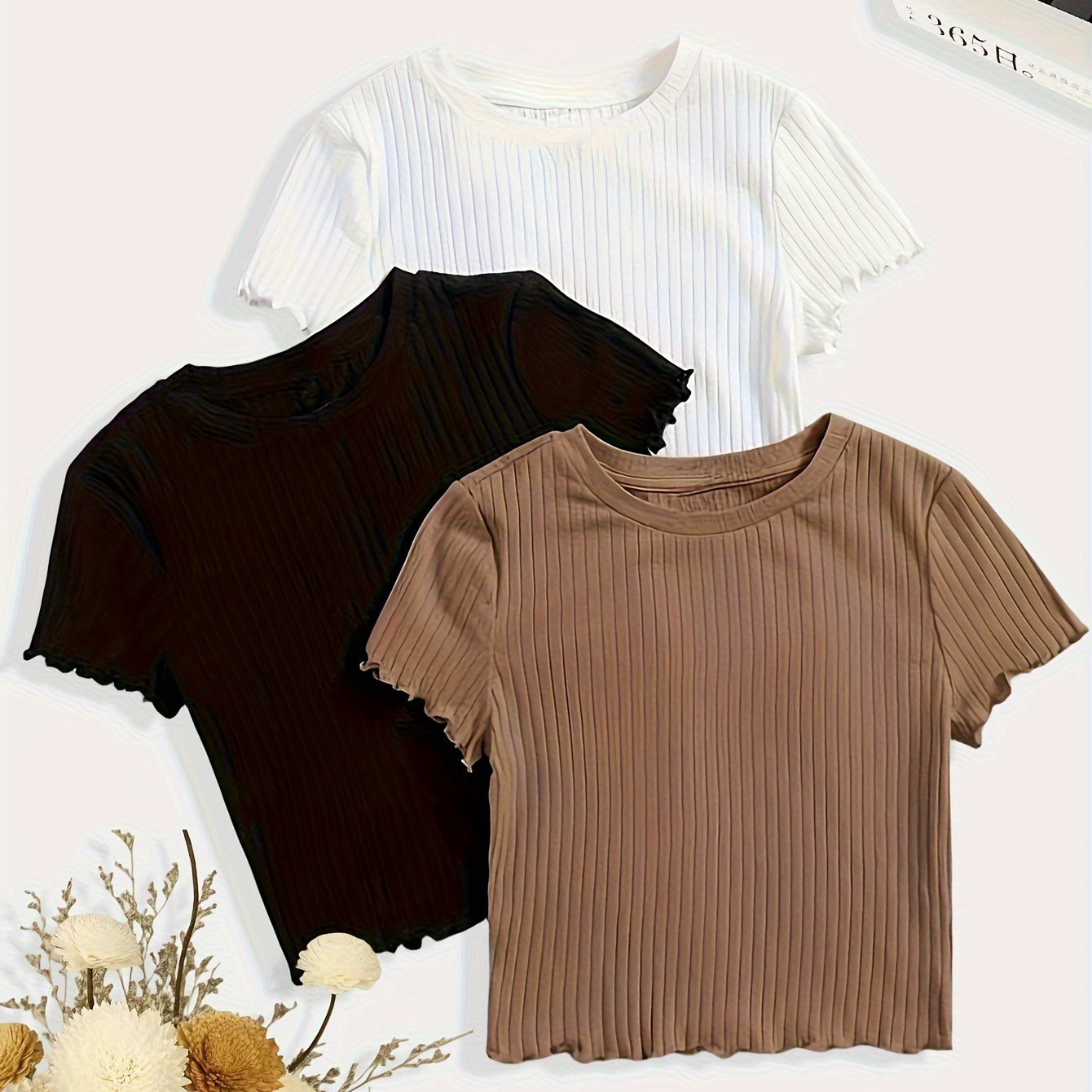 

3pcs Ribbed Crew Neck Solid T-shirt, Casual Short Sleeve Top For Spring & Summer, Women's Clothing