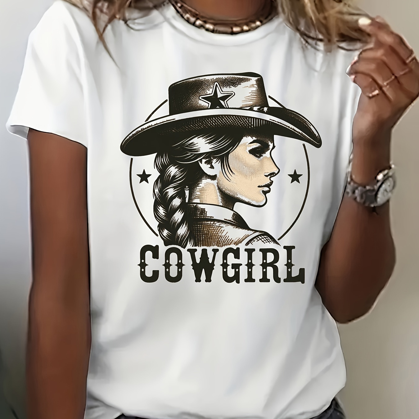 

Cowgirl Print Crew Neck T-shirt, Casual Short Sleeve Top For Spring & Summer, Women's Clothing