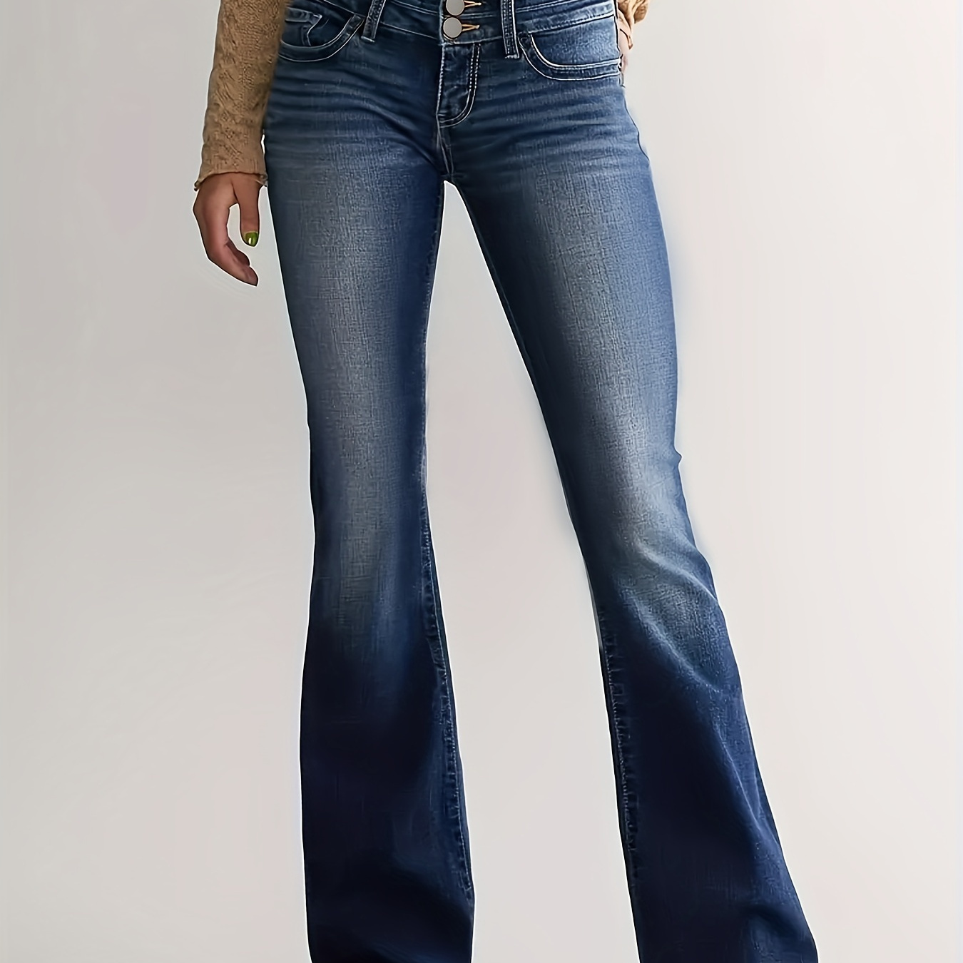 

Double Button Whiskering Flare Jeans, Slant Pockets High Stretch Bell Bottom Jeans, Women's Denim Jeans & Clothing