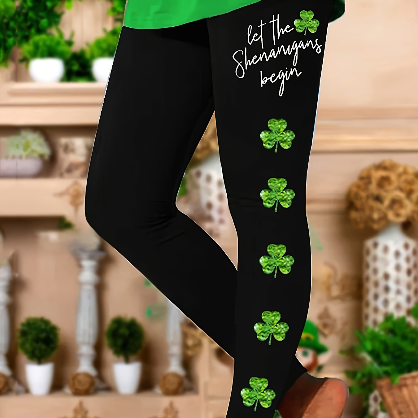 

St. Patrick's Day Clover Print Skinny Leggings, Casual Elastic Waist Stretchy Leggings, Women's Clothing