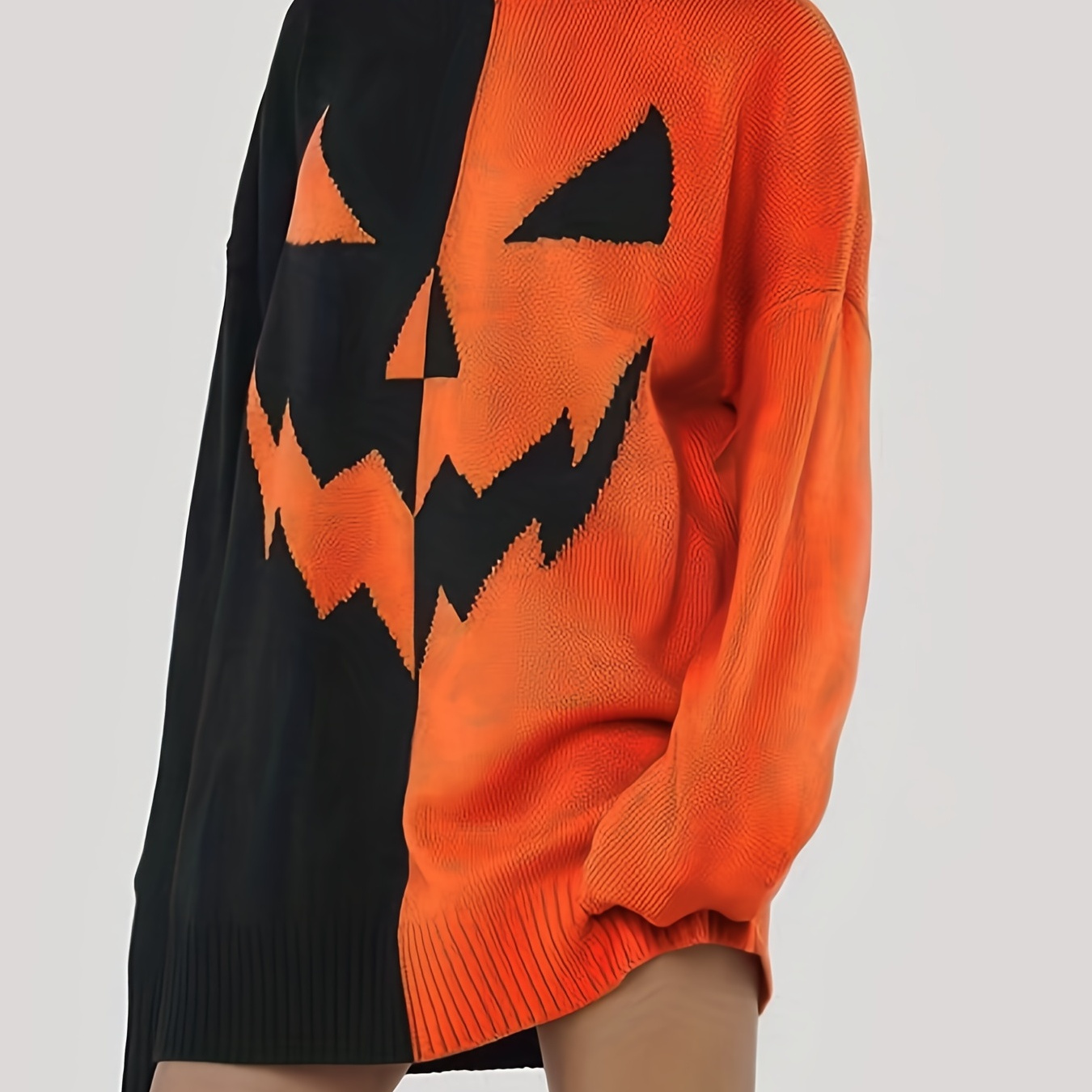 

Halloween Pumpkin Face Pattern Knitted Dress, Casual Colorblock Long Sleeve Dress For Winter & Fall, Women's Clothing