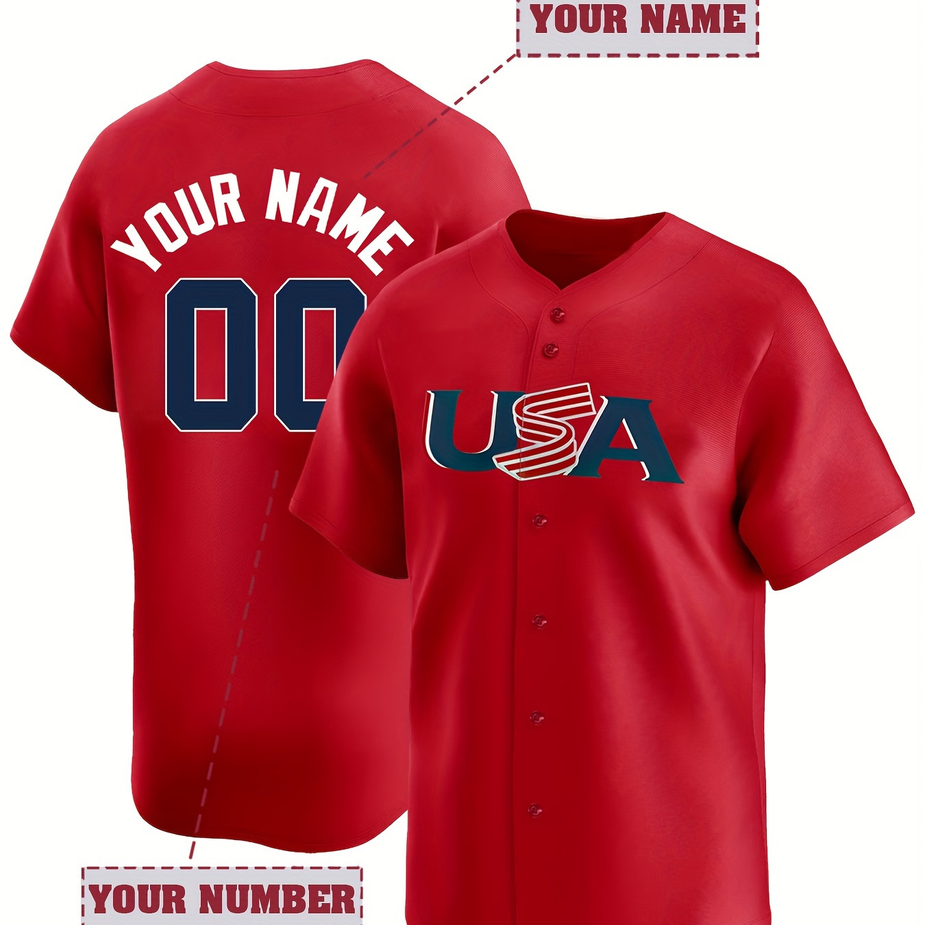 

Men's Customized Name And Number Embroidery Short Sleeve Button Up Baseball Jersey, "usa" Print Stylish Sports Tops For Summer Training, Match And Outdoors Wear
