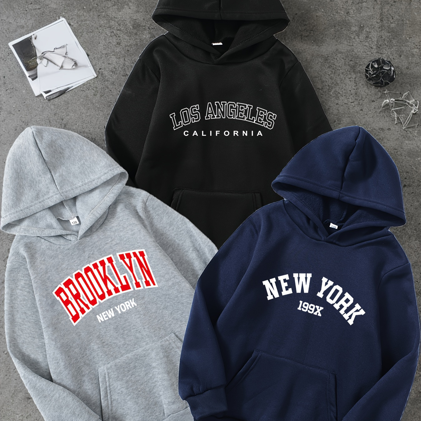 

3pcs Sweat à capuche à manches longues pour garçons avec lettres imprimées, élégant et confortable - Un pour et pour votre !