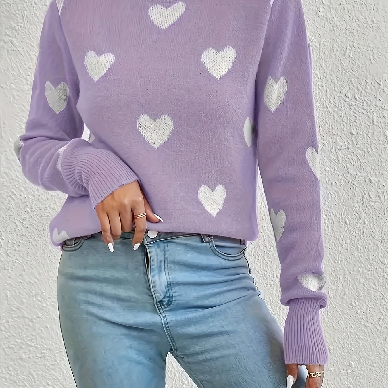 

Heart Pattern Knitted Pullover Sweater, Casual Long Sleeve Top For Spring & Fall, Women's Clothing