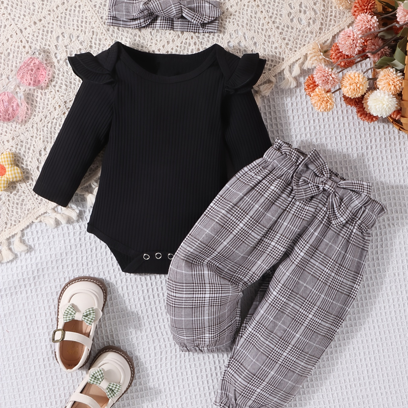 

Baby Girls Stylish 3pcs Outfit - Long Sleeve Romper + Trousers With Free Hairband Set