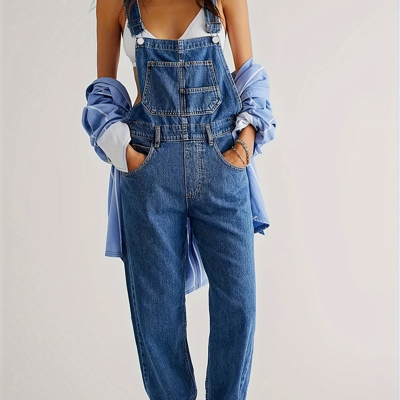 

Women's Fashion Denim Overalls, Casual Style, Non-stretch, Relaxed Fit - Classic Blue Jean Jumpsuit Dungarees With Pockets For Fall